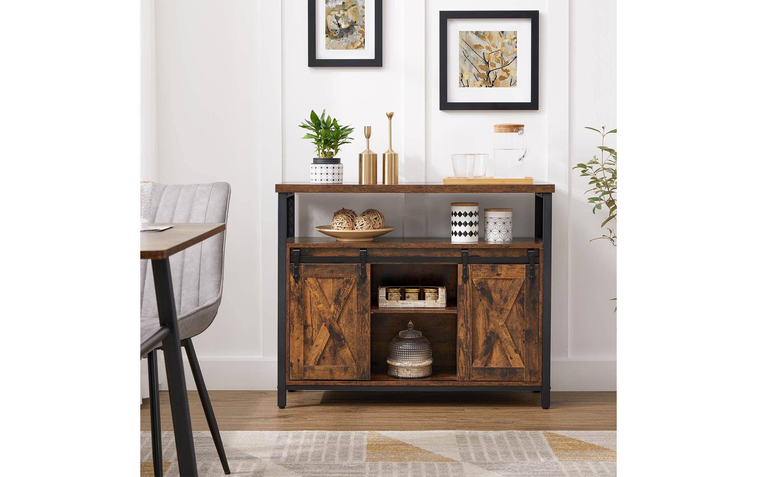 VASAGLE Sideboard mit 2 Schiebetüren 100 x 80 cm, Braun/Schwarz