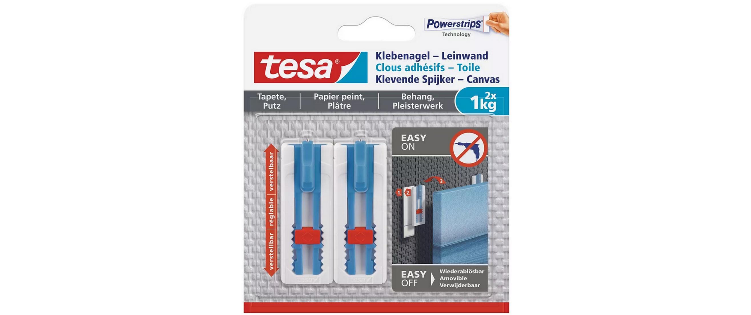 tesa Klebenagel -Set 1 kg, 3x für Tapeten + Putz, verstellbar