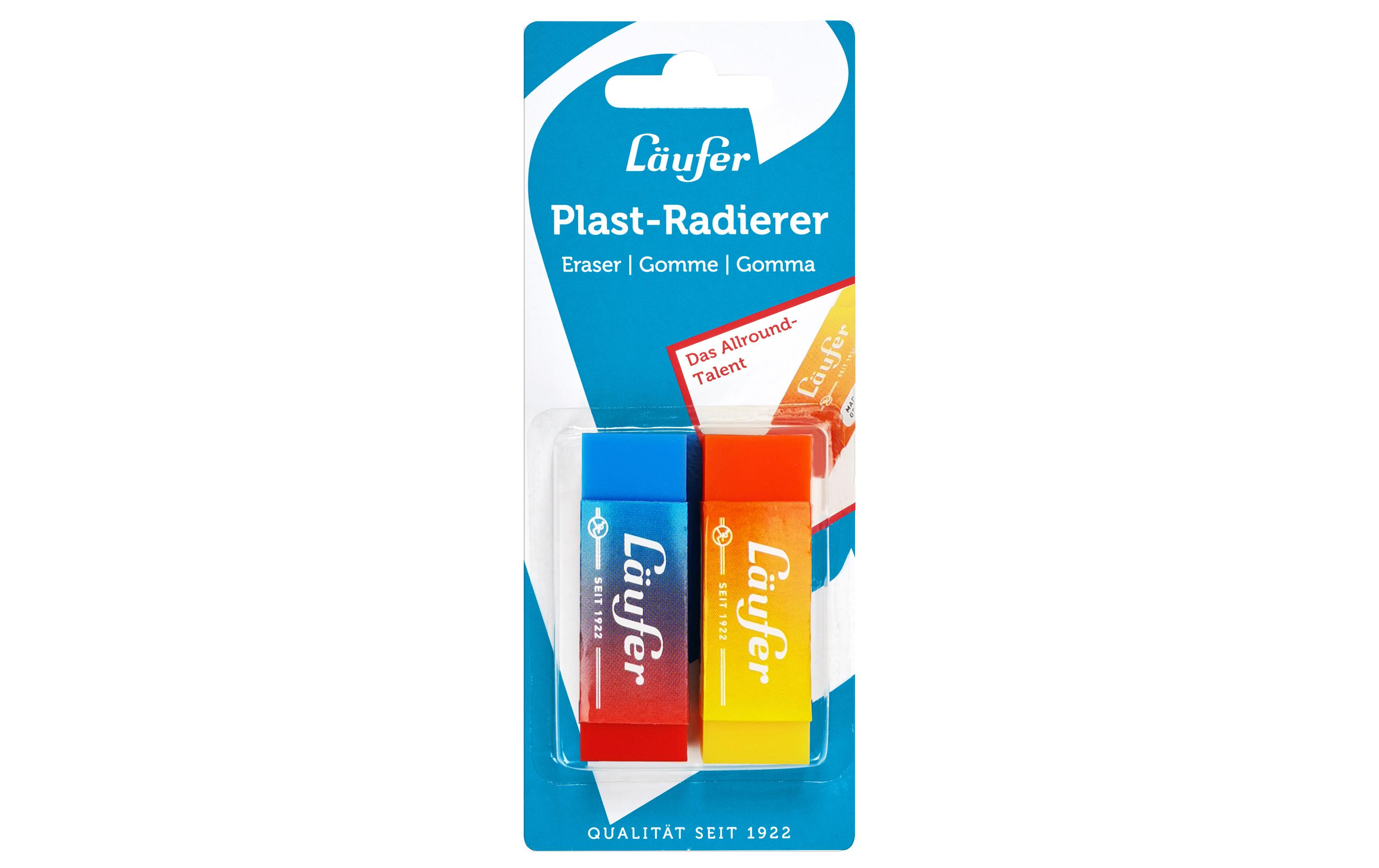 Läufer Radiergummi Plast Color 2 Stück, Blau/Gelb/Rot