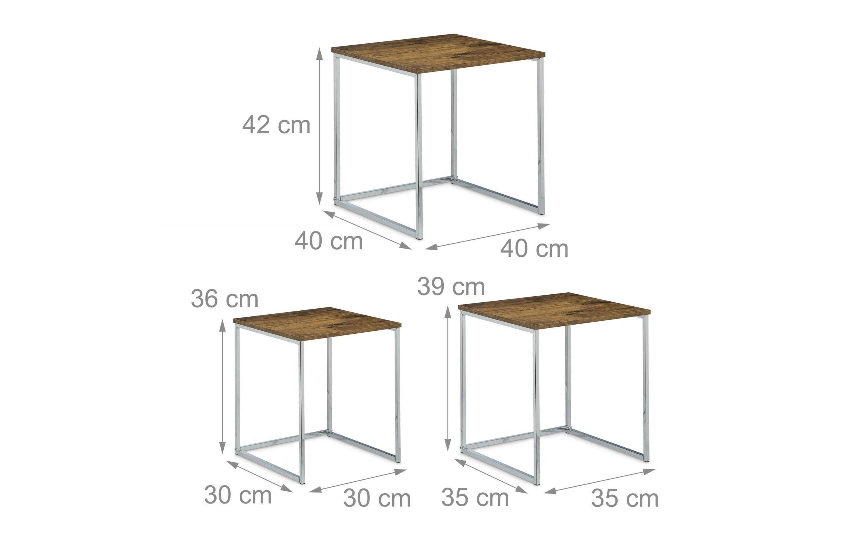 relaxdays Couchtisch 3er Set 30/35/40 x 36/39/42 cm, Braun/Silber