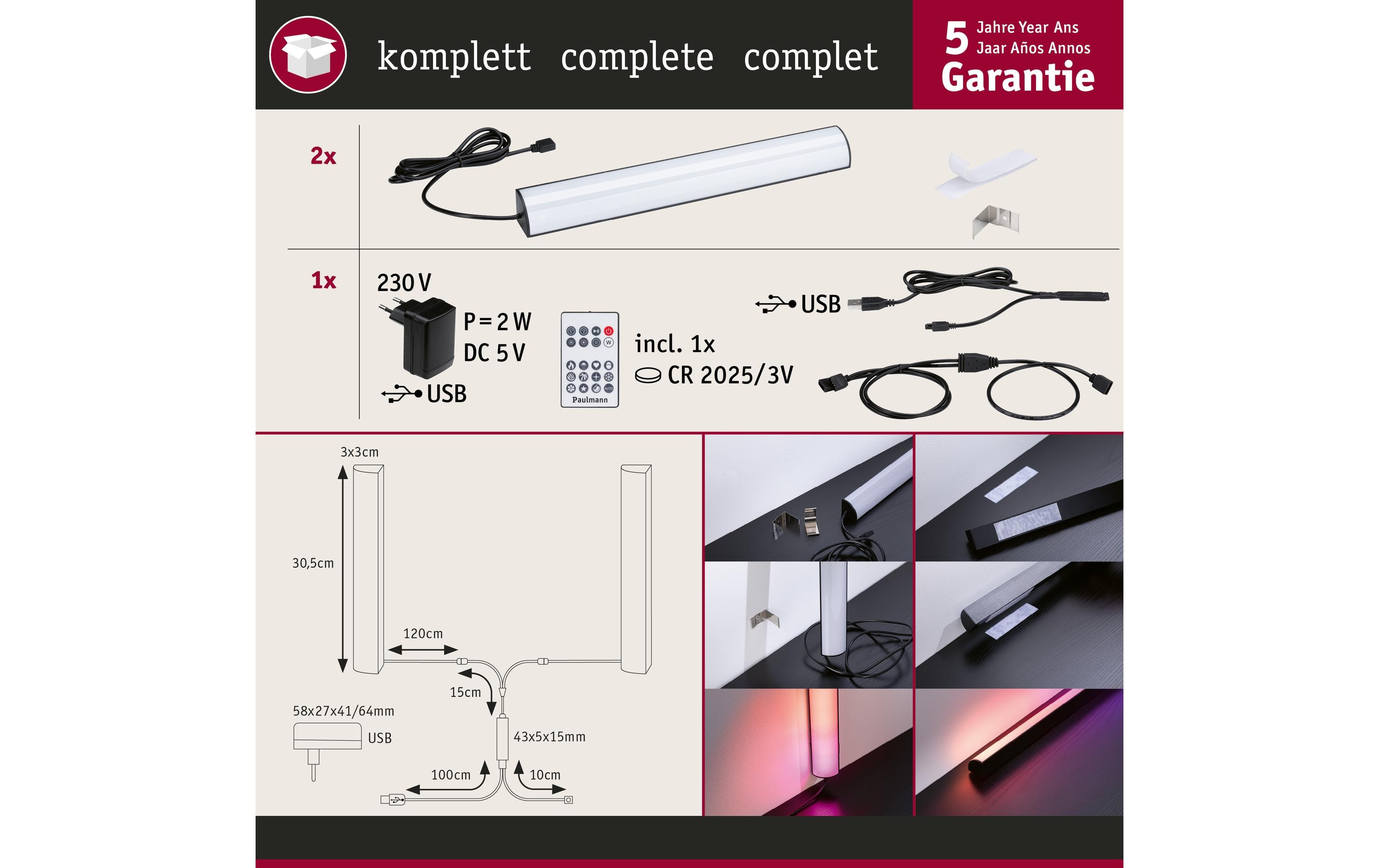 Paulmann EntertainLED Lightbar Dynamic RGB, 30 cm, Schwarz, 2er Set