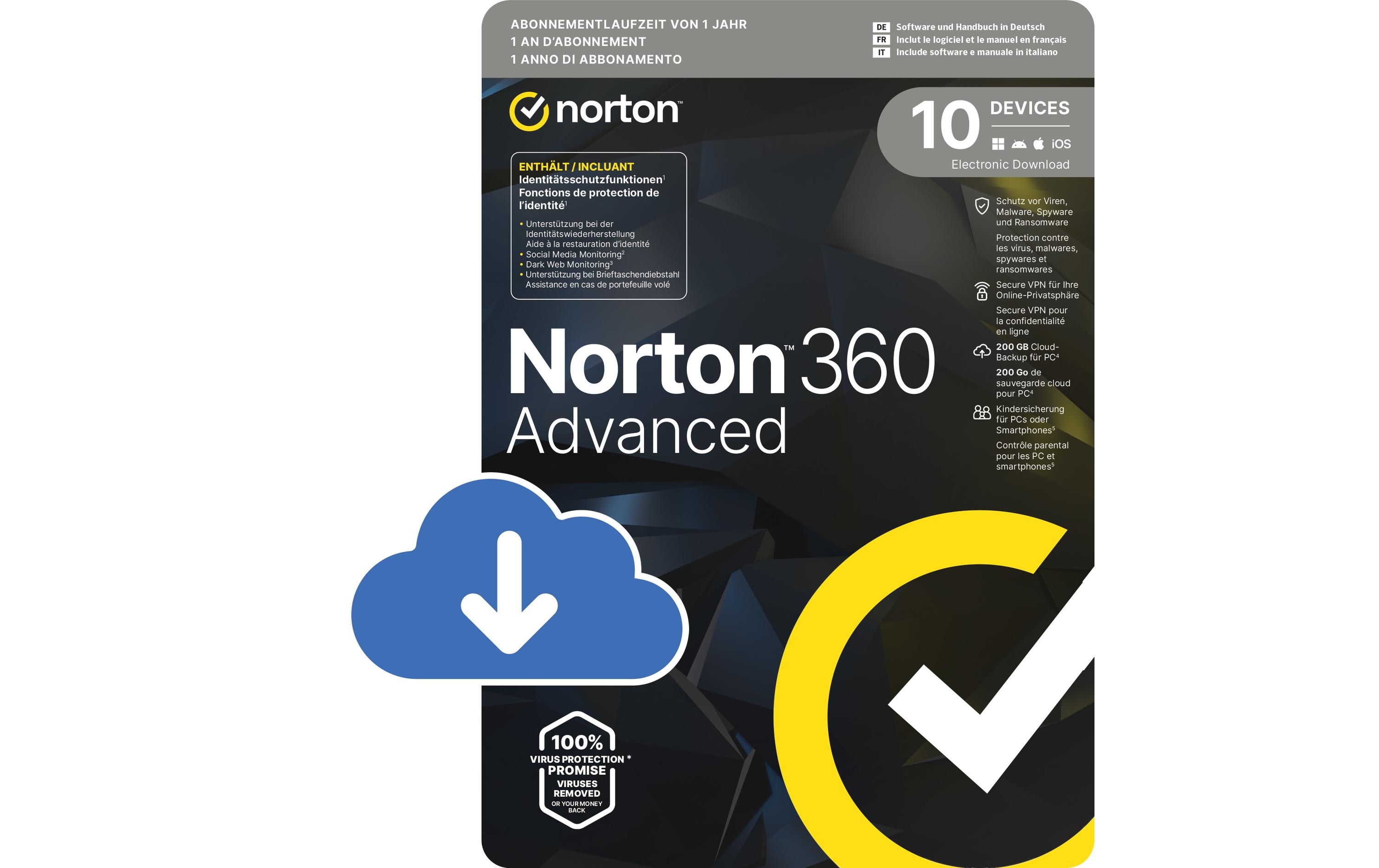 Norton 360 Advanced ESD, 10 Device, 1 Jahr, 200GB Cloud Speicher