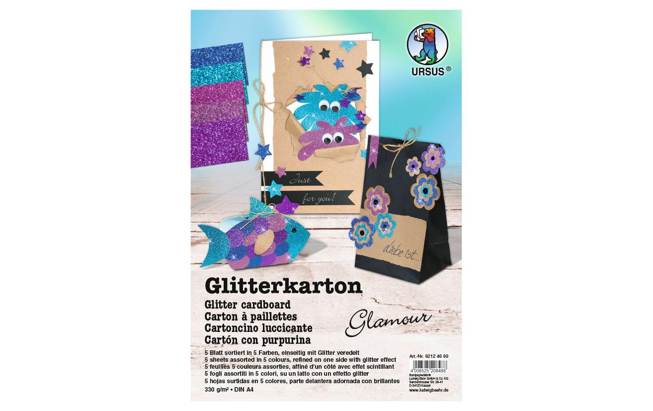 URSUS Glitzerkarton Glamour A4, 330 g/m², 5 Blatt, Mehrfarbig