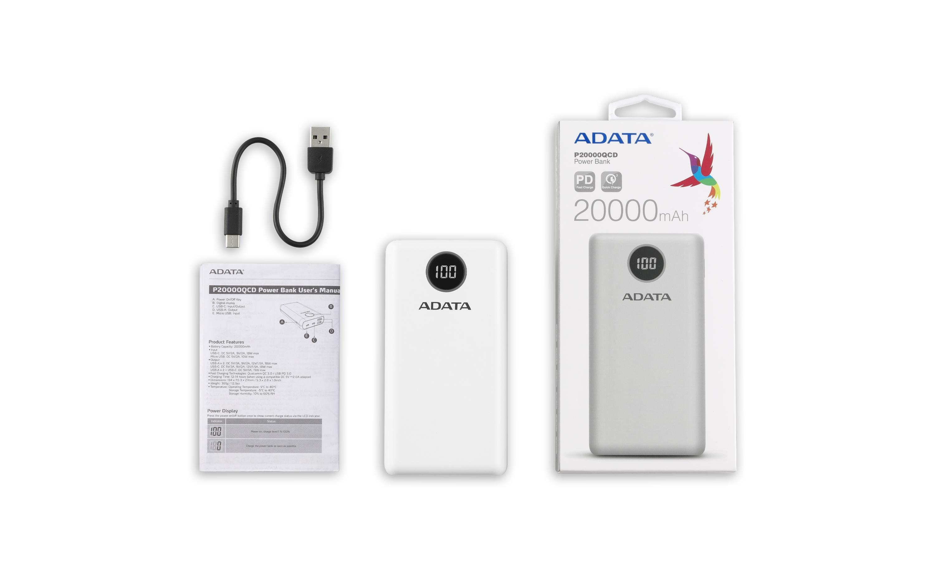 ADATA Powerbank P20000QCD (20000 mAh, USB-A, USB-C, Display)