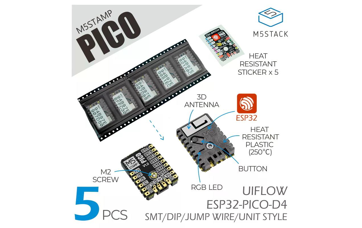 M5Stack Entwicklerboard M5Stamp Pico, 5 Stück