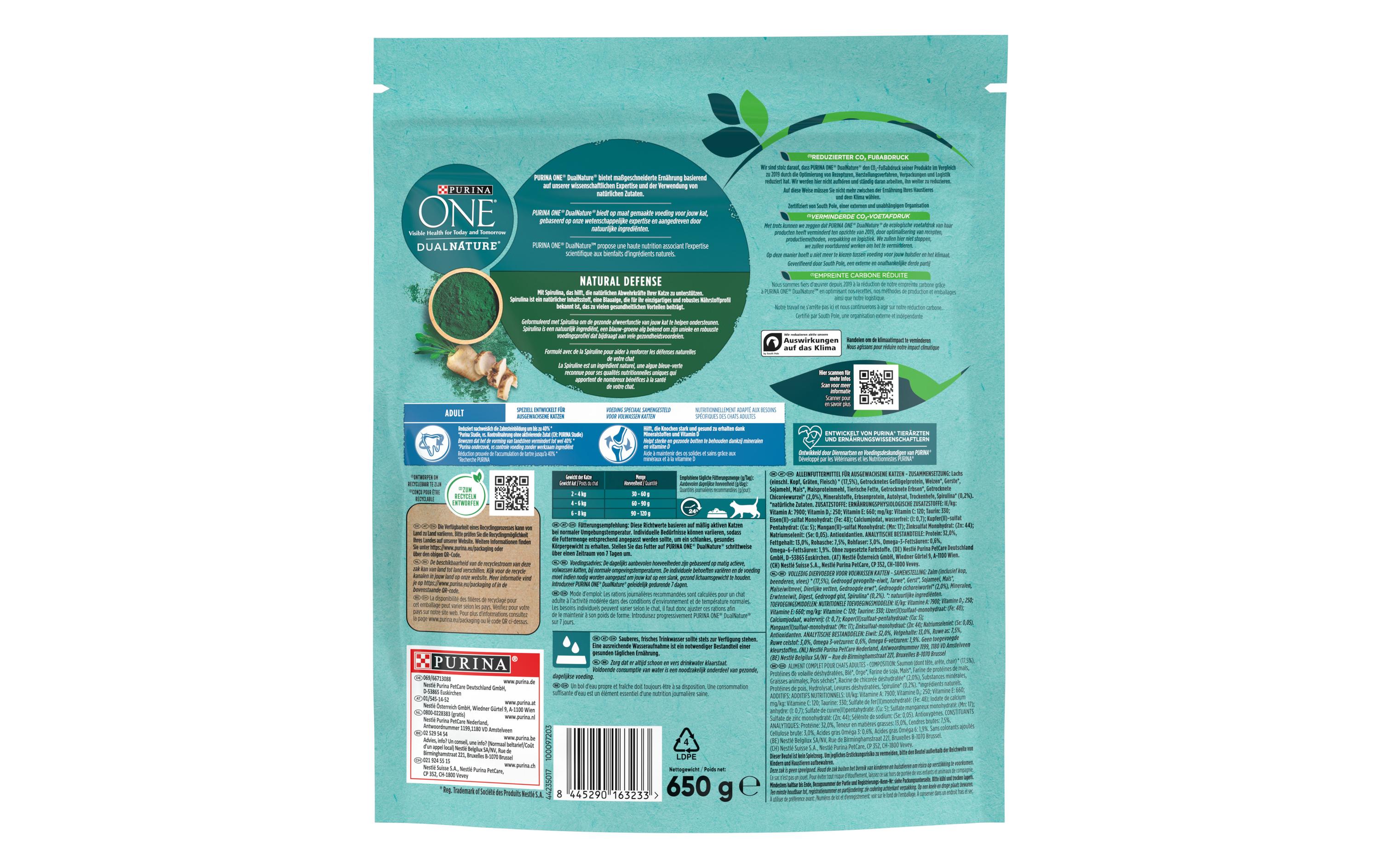 Purina ONE Trockenfutter Dual Nature Adult Lachs & Spirulina, 650 g