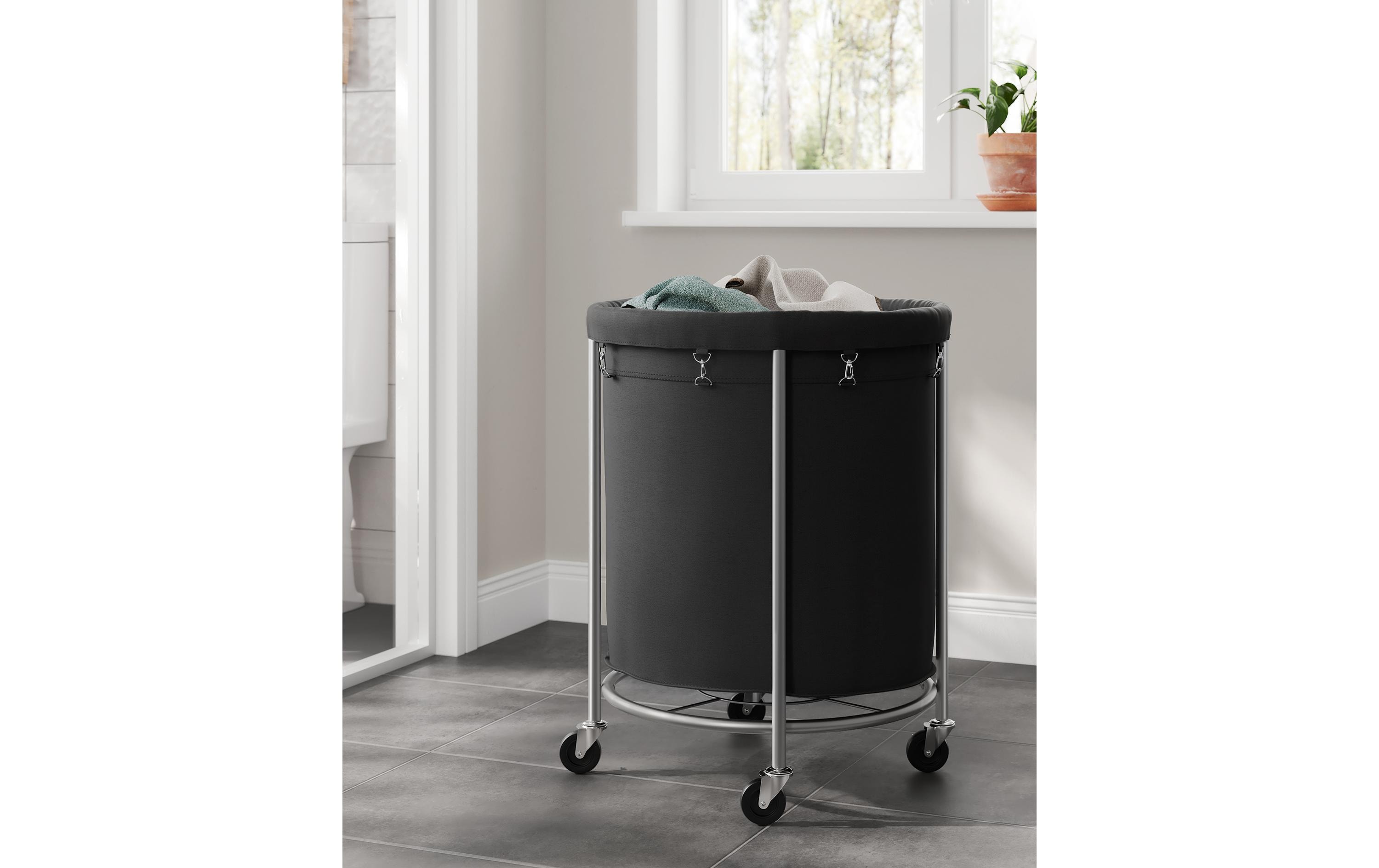 Songmics Wäschekorb auf Rollen 48 l, Schwarz/Silber