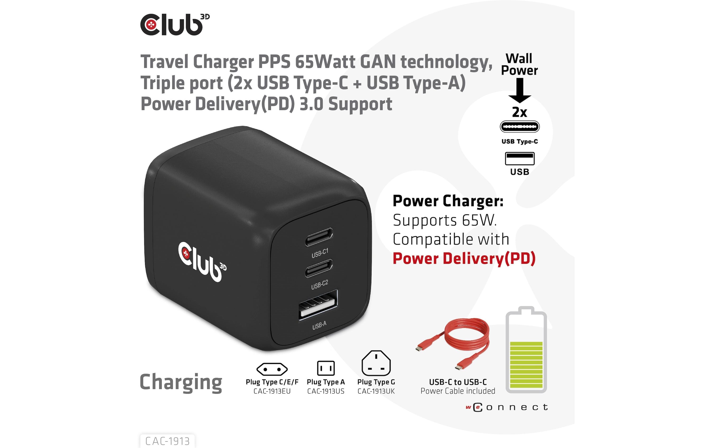 Club 3D USB-Wandladegerät PPS 65Watt GAN-Technologie CAC-1913