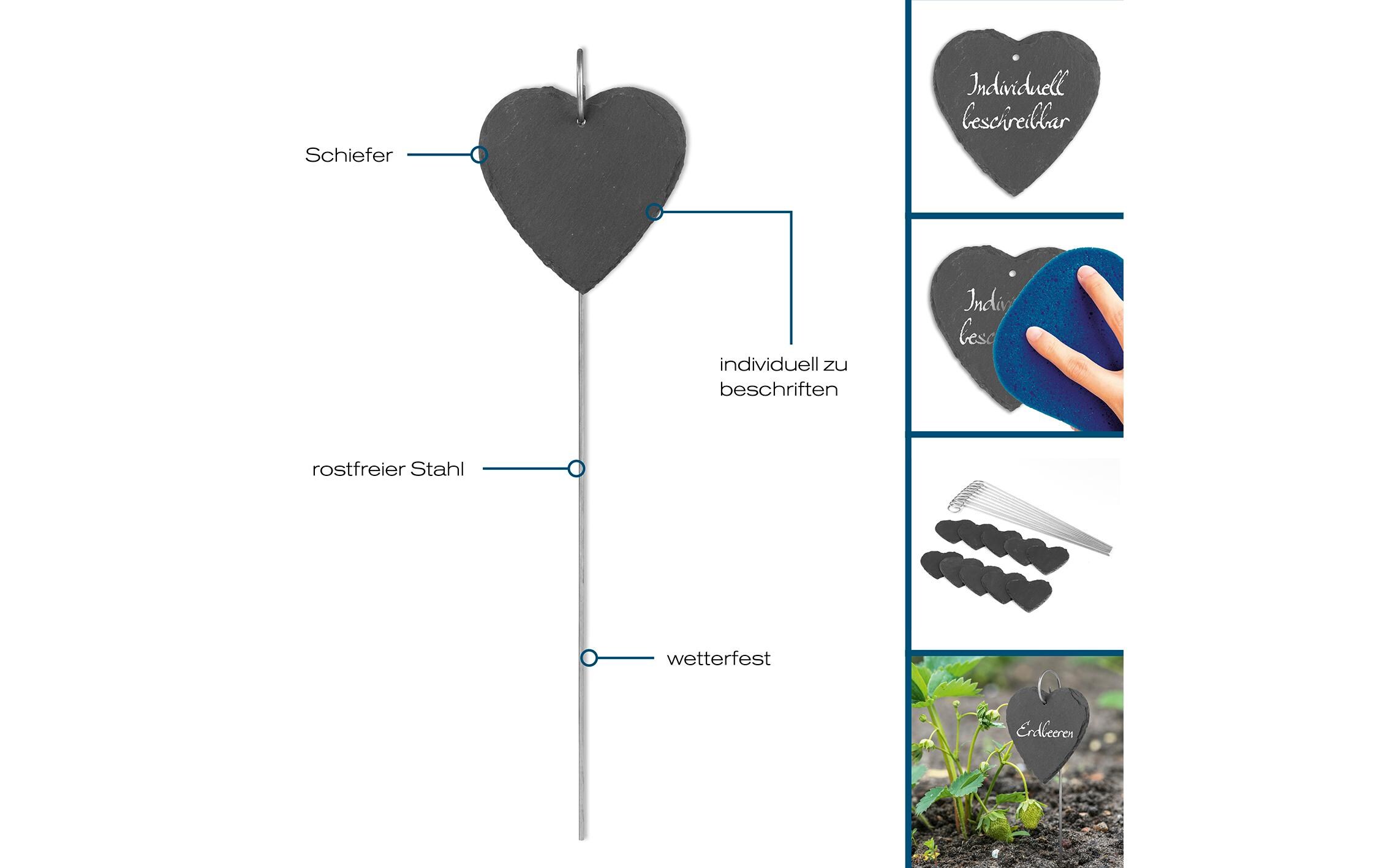 Hoberg Pflanzschilder Set Schiefer Herz, 10 Stück