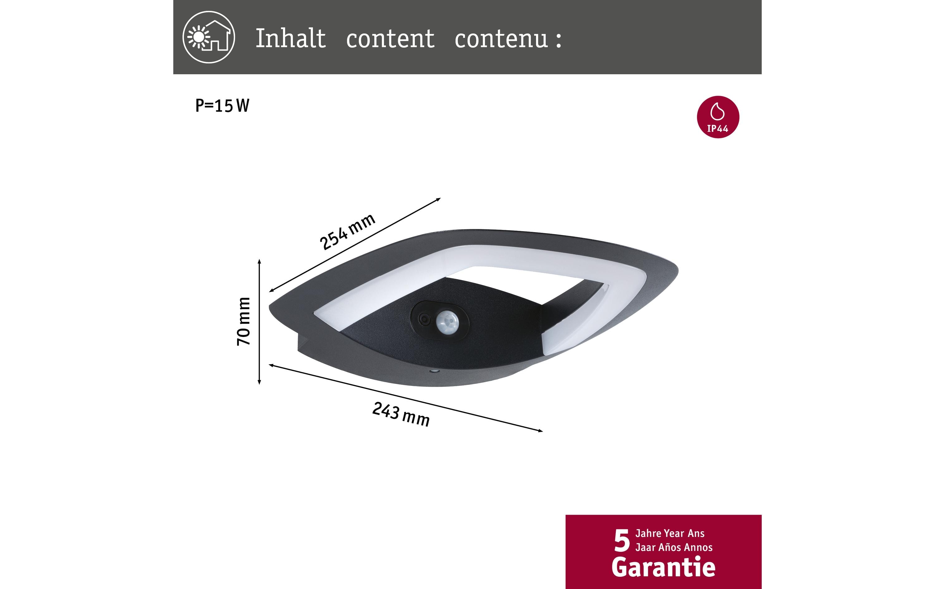 Paulmann Wandleuchte LED Akena Bewegungsmelder, 2200K, Anthrazit,