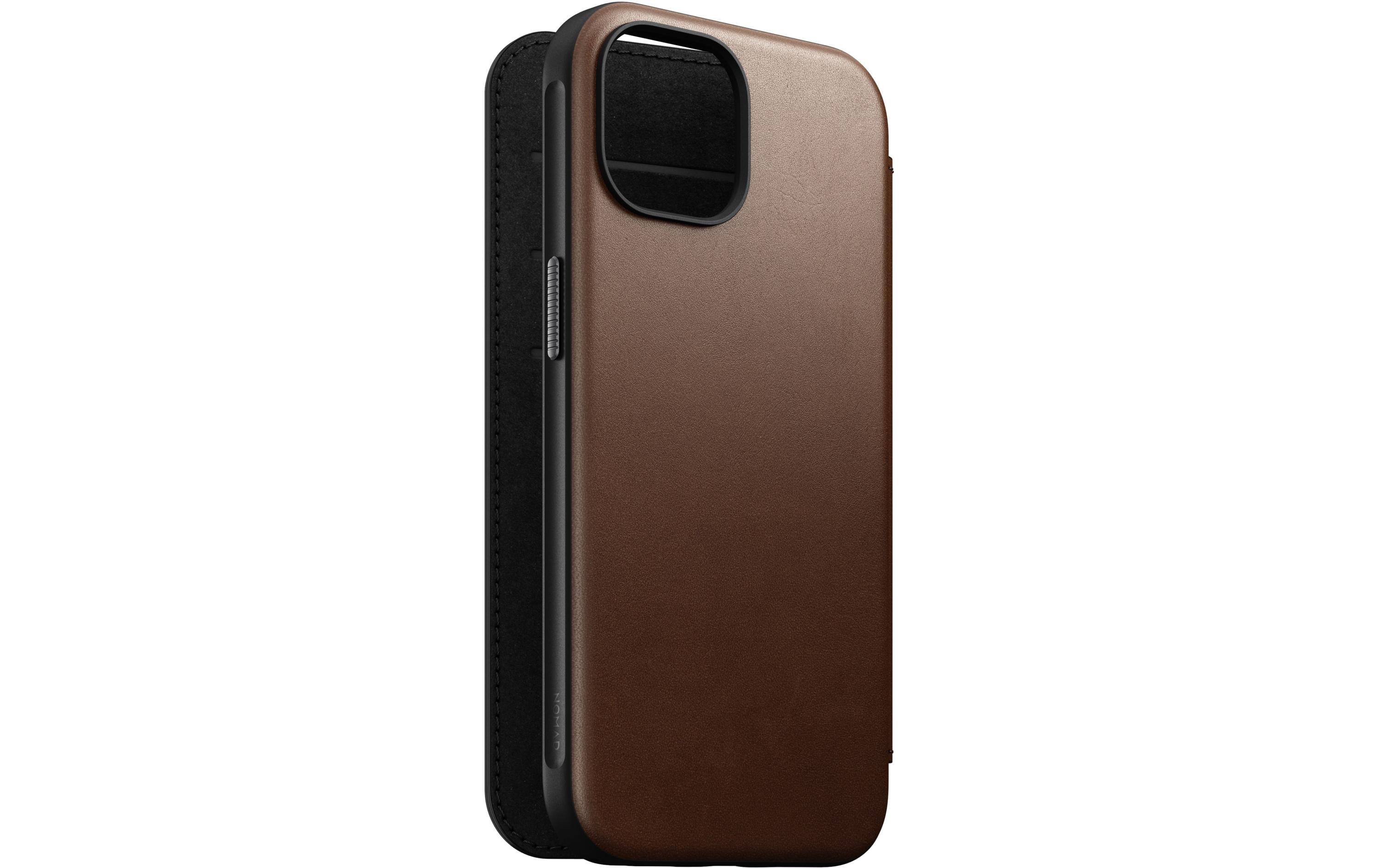 Nomad Book Cover Modern Leather Folio iPhone 15 Braun