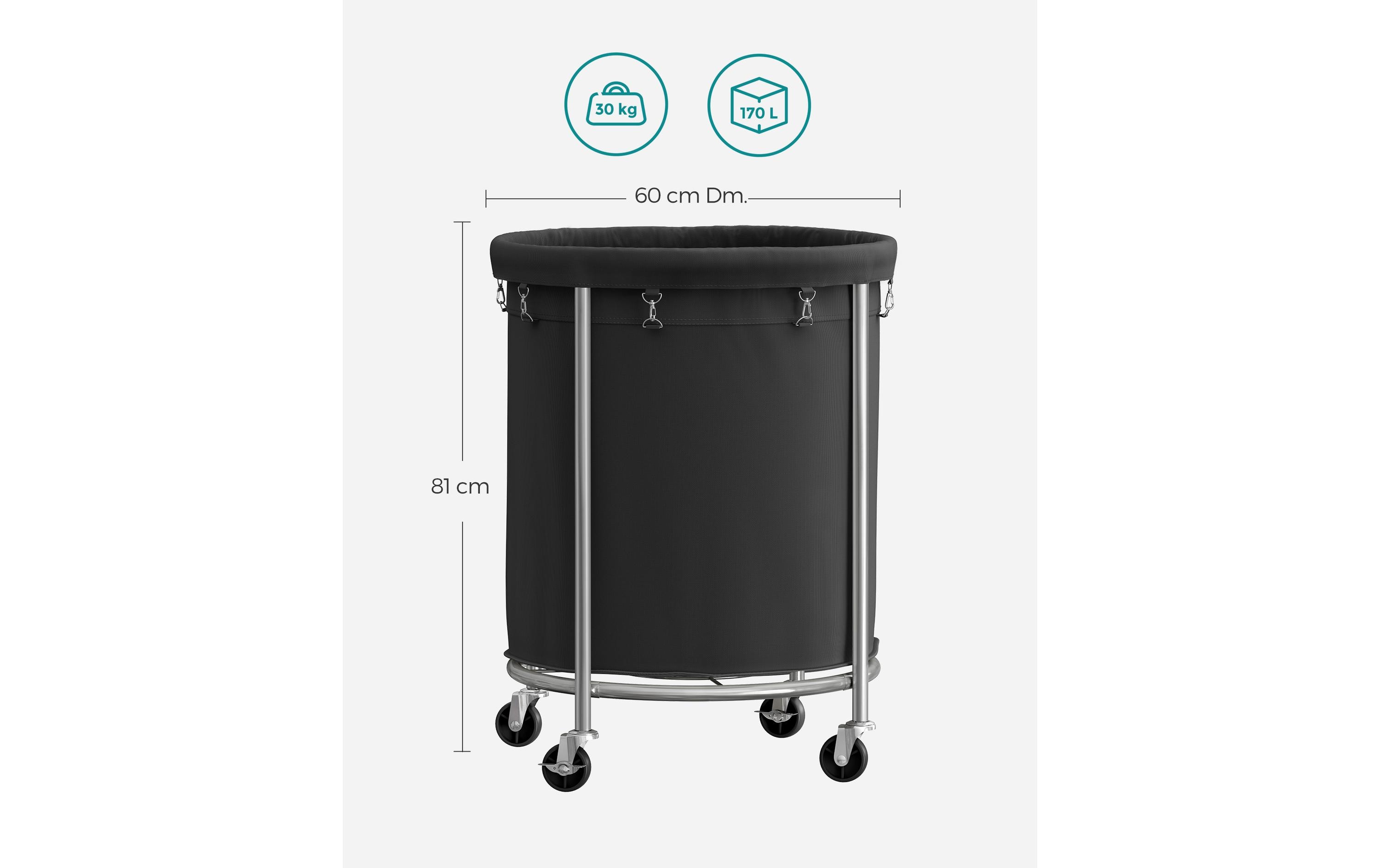 Songmics Wäschekorb auf Rollen 48 l, Schwarz/Silber