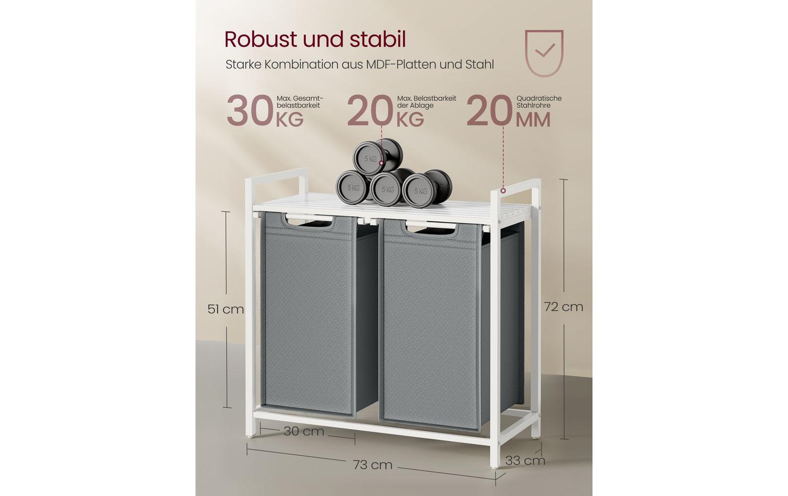 VASAGLE Wäschekorb mit Ablage 2 x 46 l, Grau/Weiss