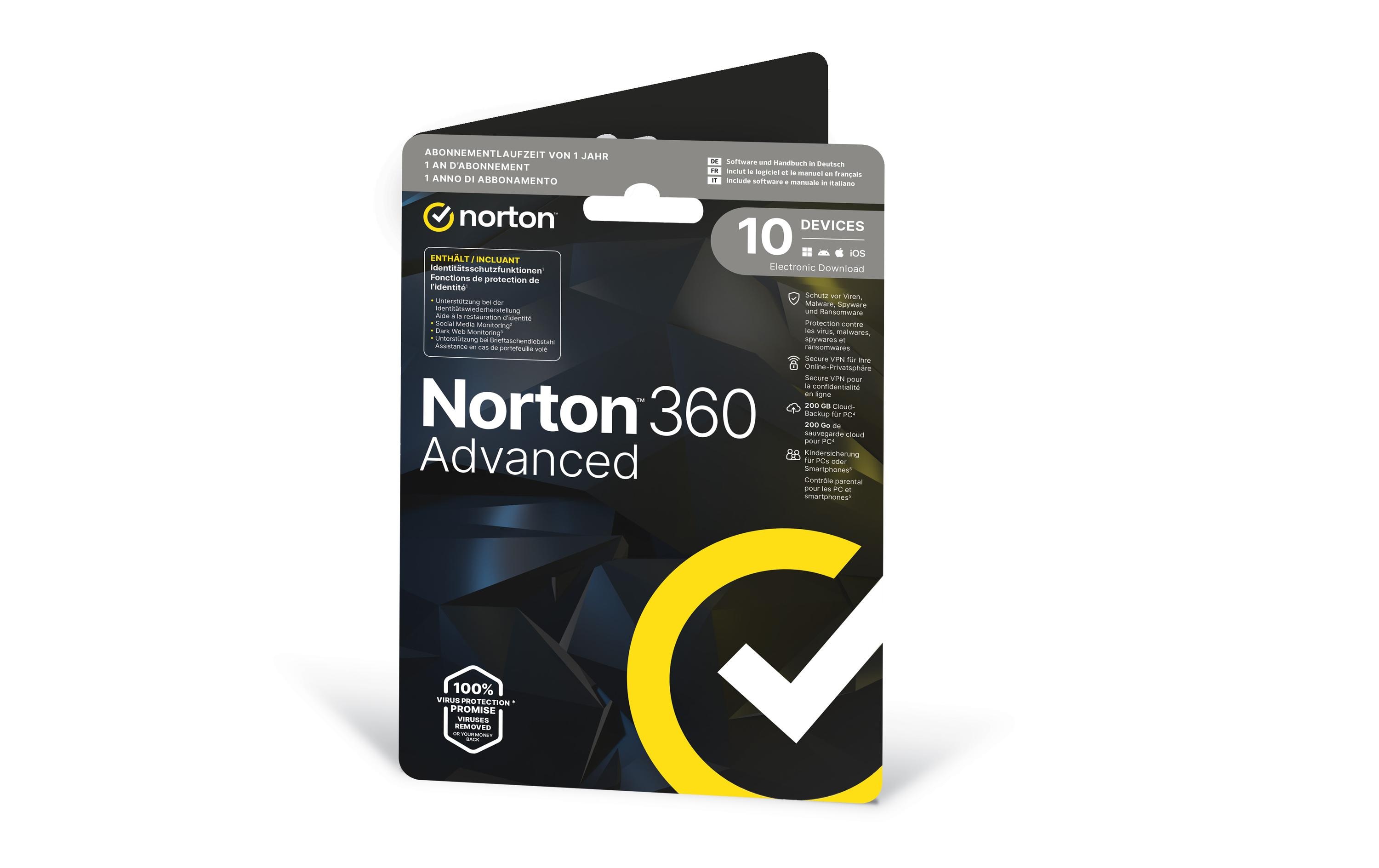 Norton 360 Advanced Sleeve, 10 Device, 1 Jahr, 200GB Cloud Speicher