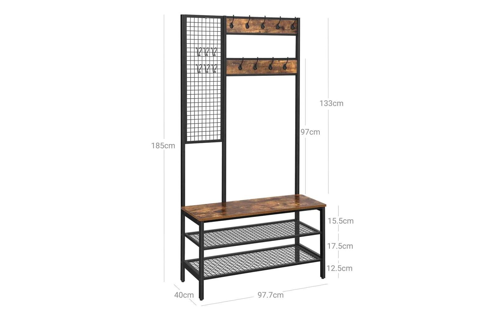 VASAGLE Garderobenständer mit Sitzbank 185 cm, Braun/Schwarz