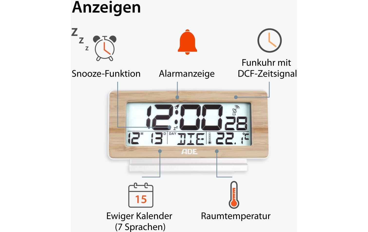 ADE Digitalwecker Temperatur-& Datumsanzeige