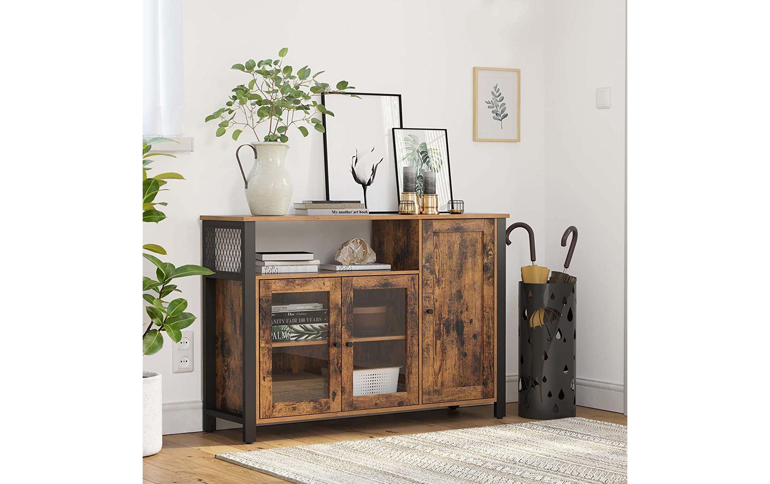 VASAGLE Sideboard mit 3 Türen 110 x 75 cm, Braun/Schwarz