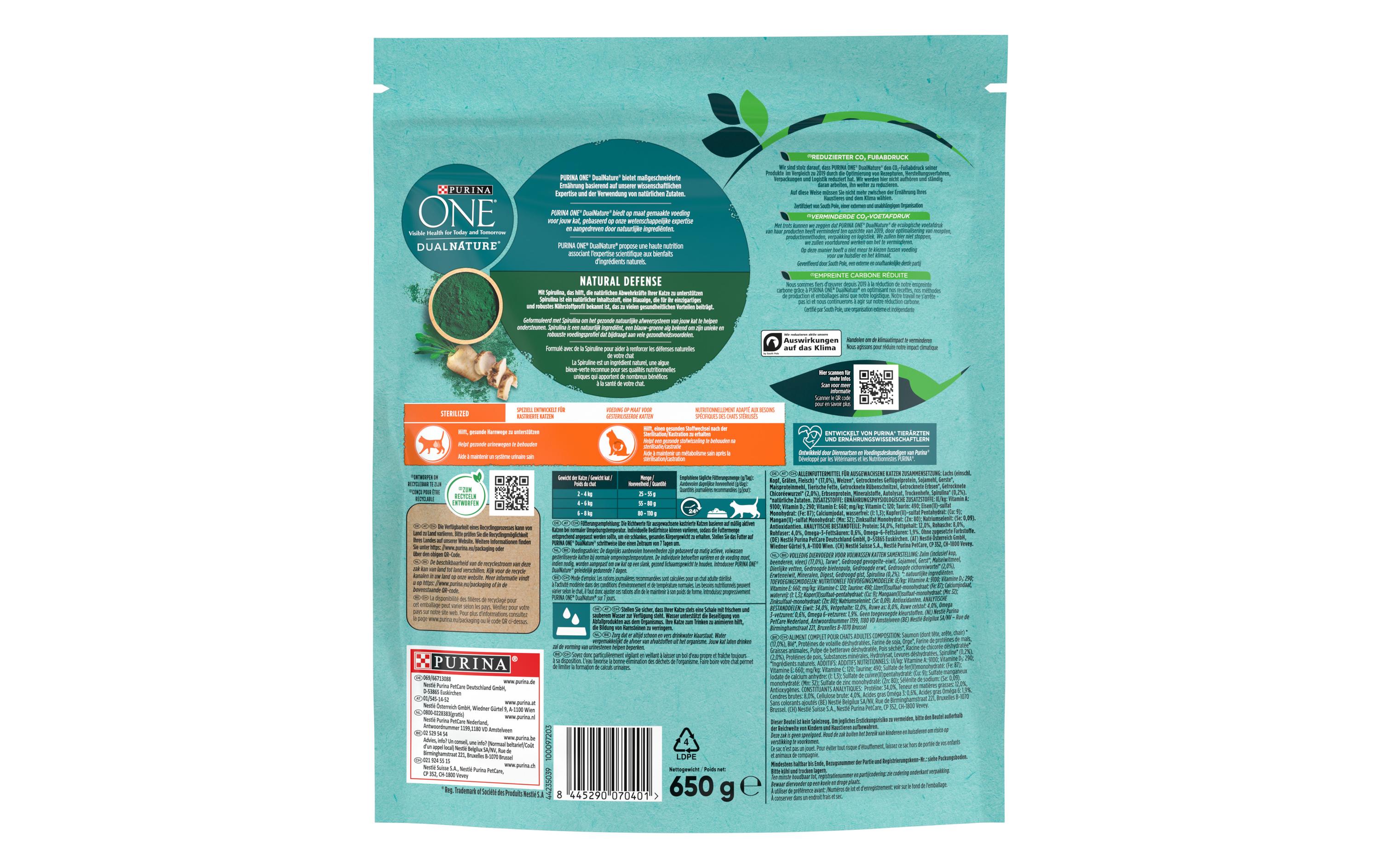 Purina ONE Trockenfutter Dual Nature Sterilised Lachs&Spirulina, 650g