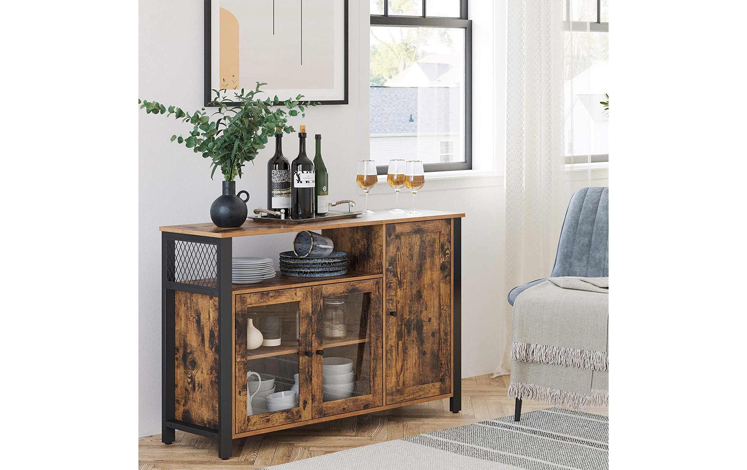 VASAGLE Sideboard mit 3 Türen 110 x 75 cm, Braun/Schwarz