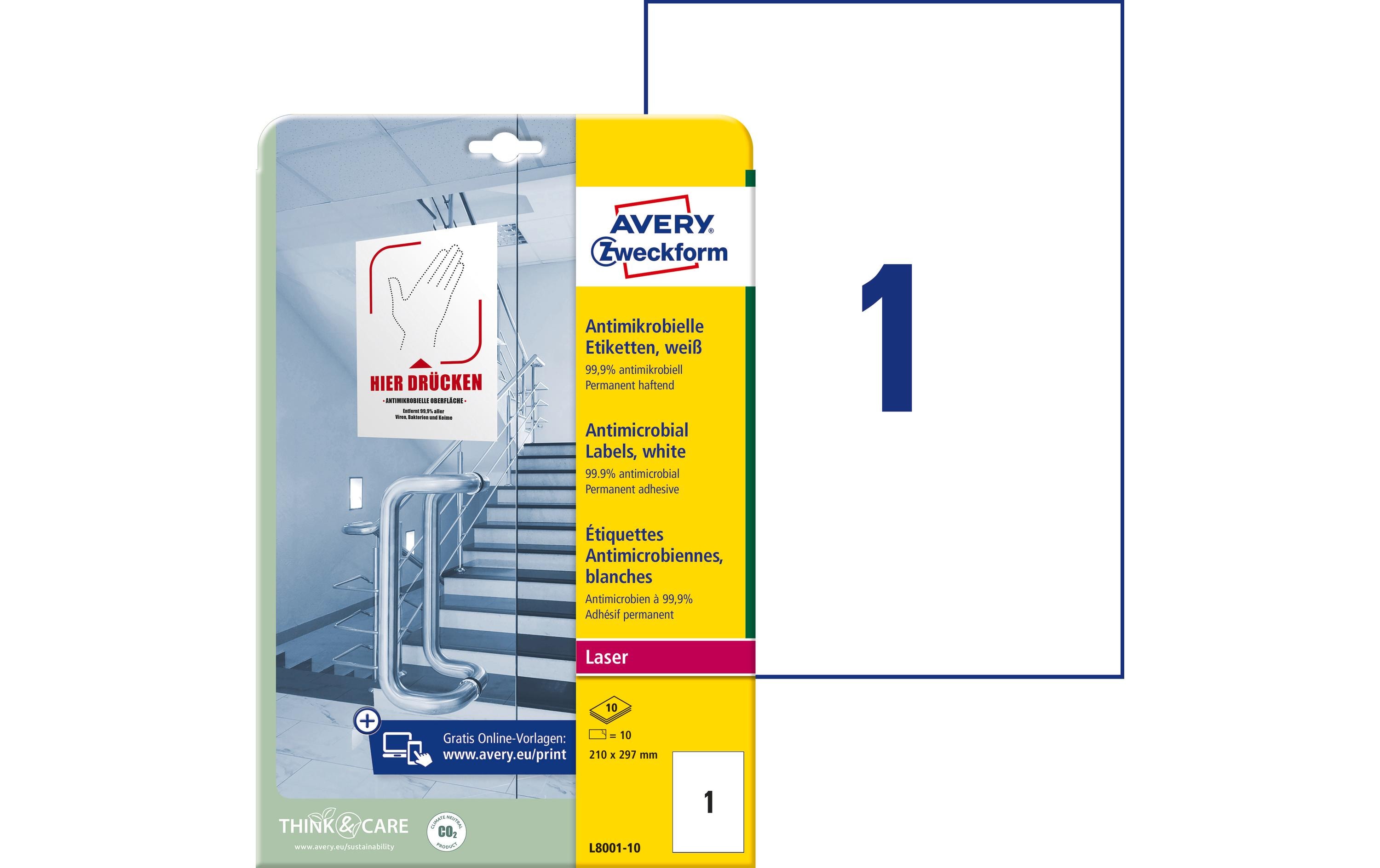 Avery Zweckform Antimikrobielle-Etiketten 210 x 297 mm, 10 Blatt, Weiss