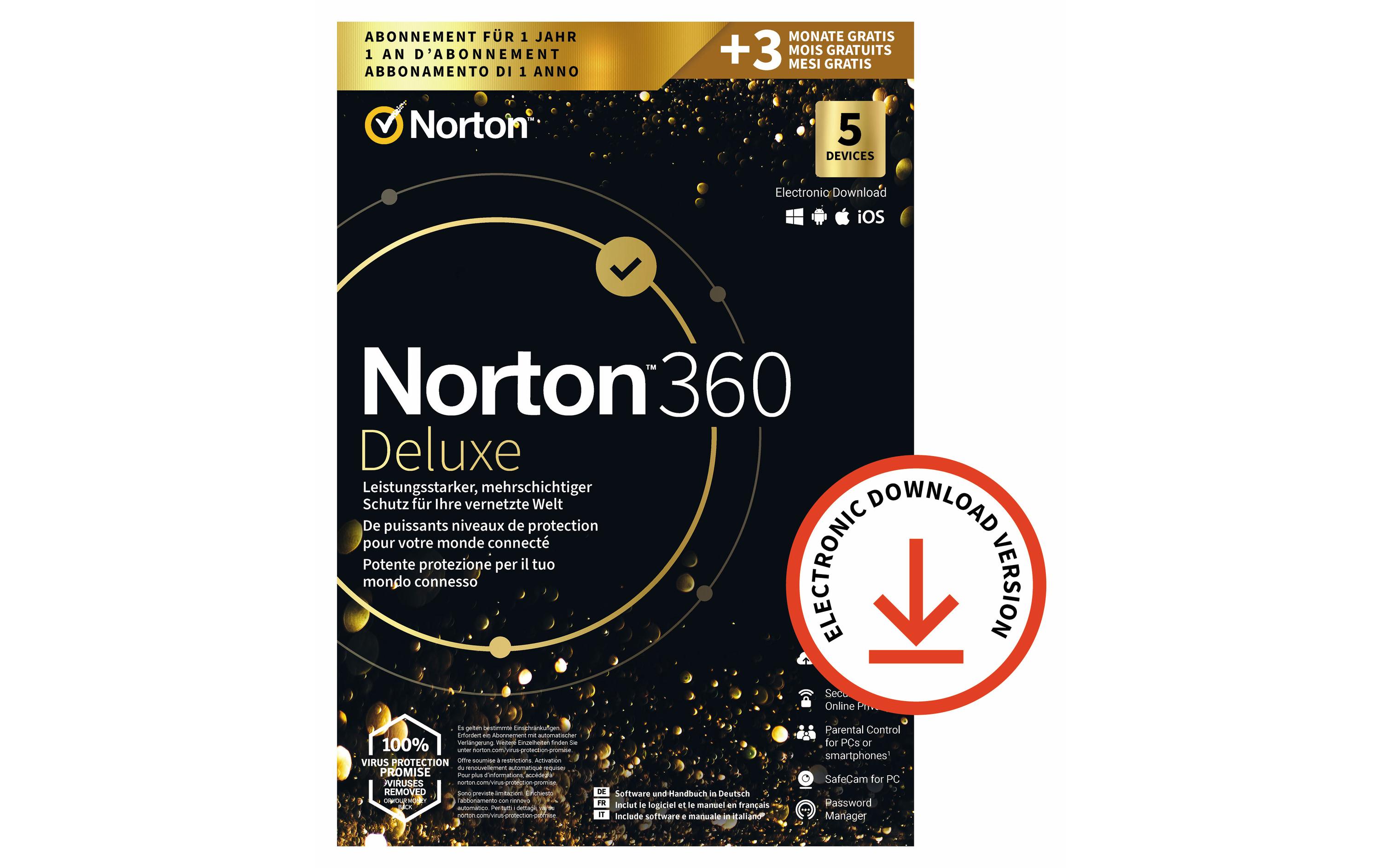 Norton Norton 360 Deluxe GOLD Ed. ESD, 5 Device, 1 Jahr + 3 Monate