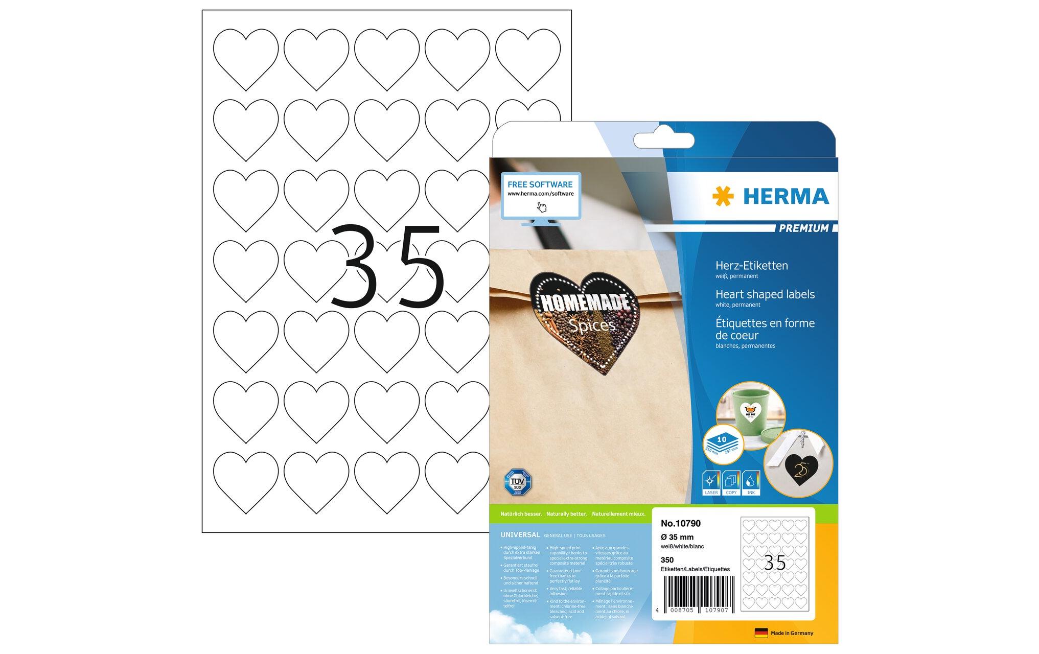 Herma Stickers Motivsticker Herzen Weiss, 10 Blatt mit je 35 Stickern