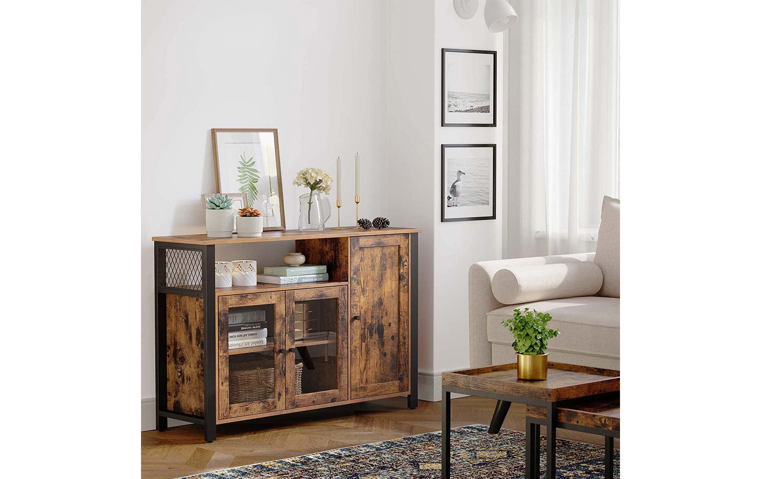 VASAGLE Sideboard mit 3 Türen 110 x 75 cm, Braun/Schwarz