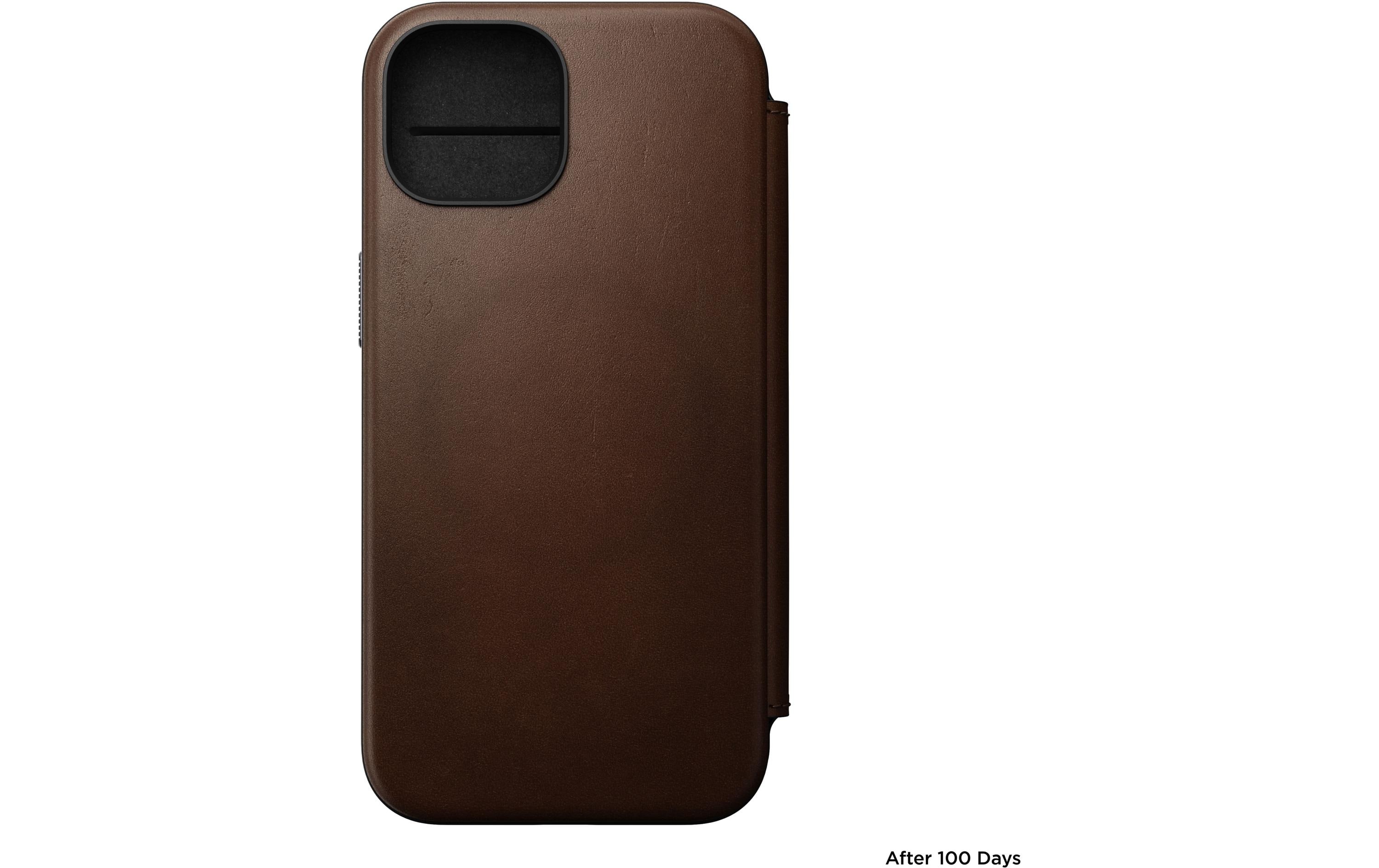 Nomad Book Cover Modern Leather Folio iPhone 15 Braun