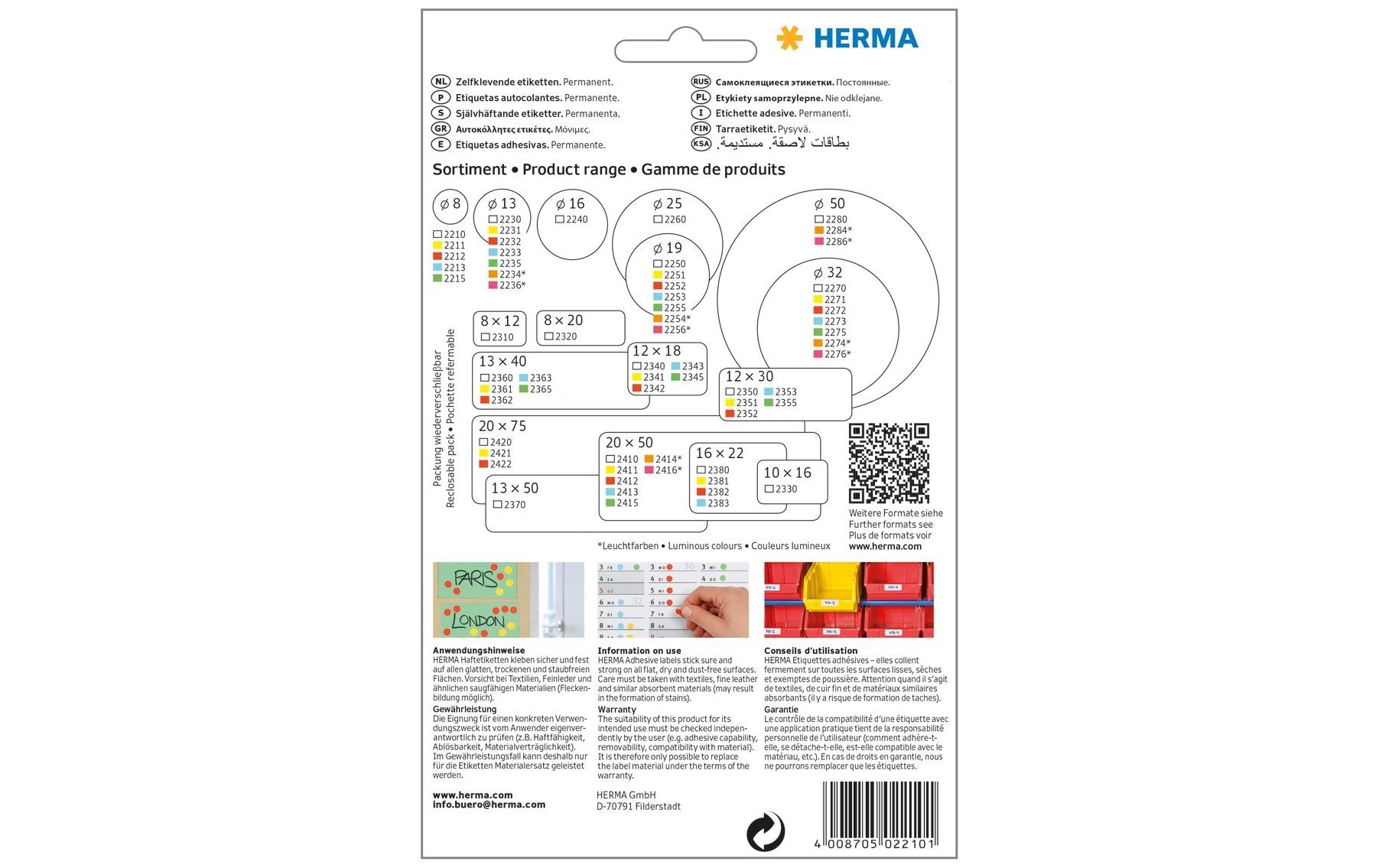 HERMA Vielzweck-Etiketten 2210 Ø 8 mm, Weiss, 32 Blatt