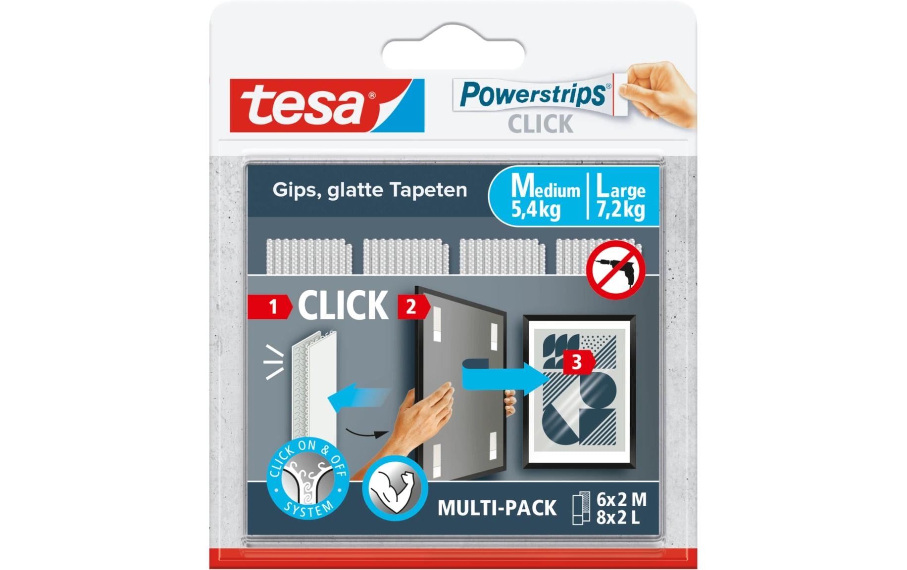 tesa Montagestreifen Powerstrips CLICK 6 Paar M, 8 Paar L