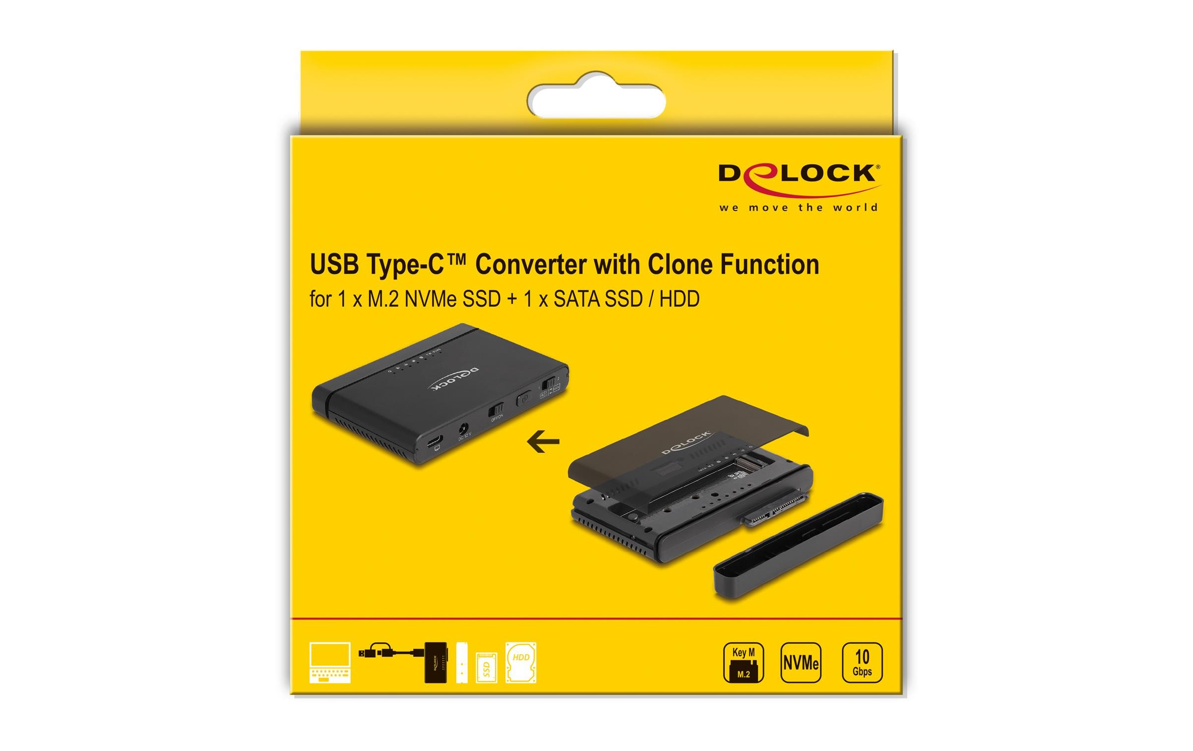 Delock Konverter USB-C für 1x M.2 NVMe SSD +1x SATA SSD/HDD