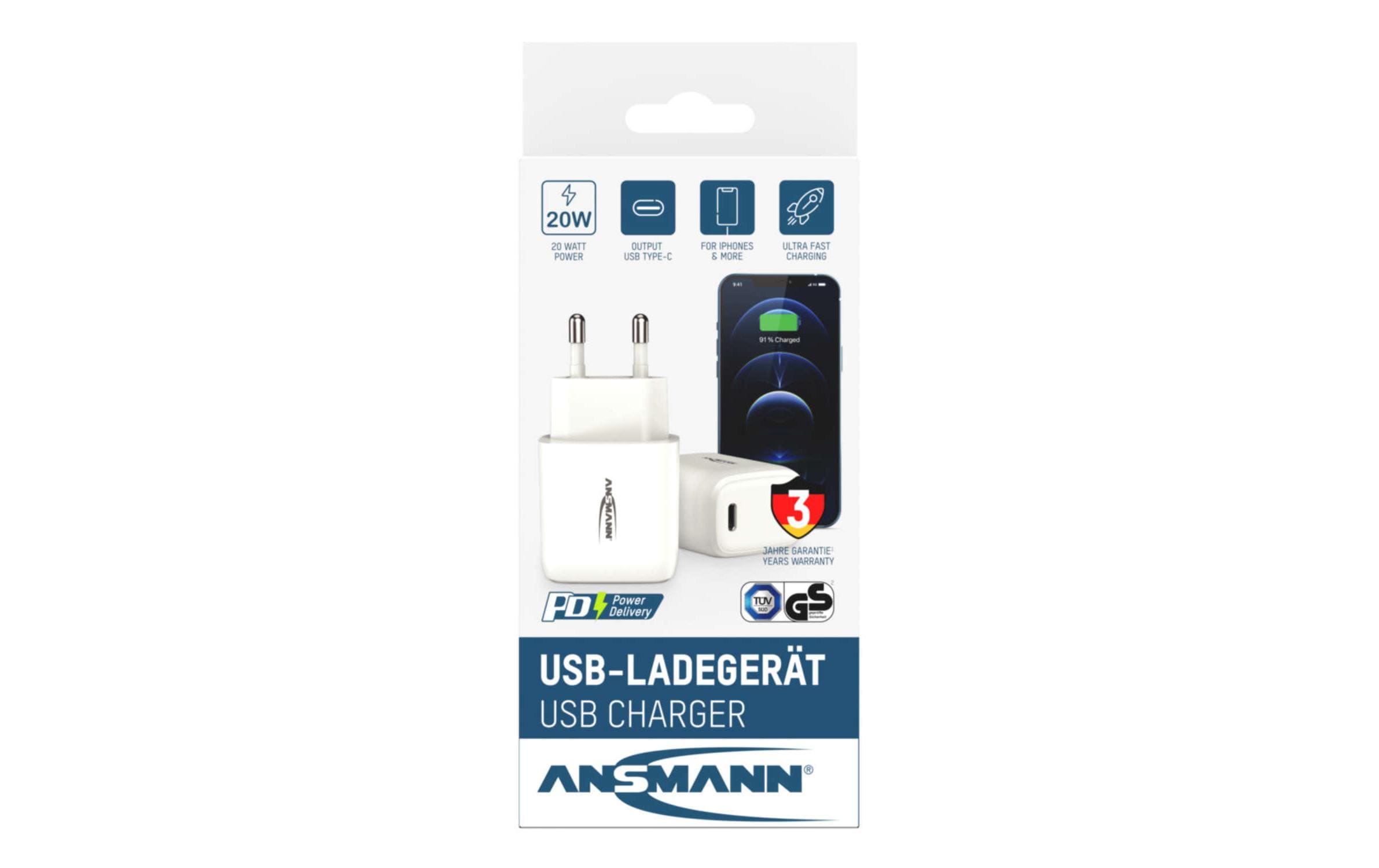 Ansmann USB-Wandladegerät Home Charger HC120PD, 20 W, Weiss