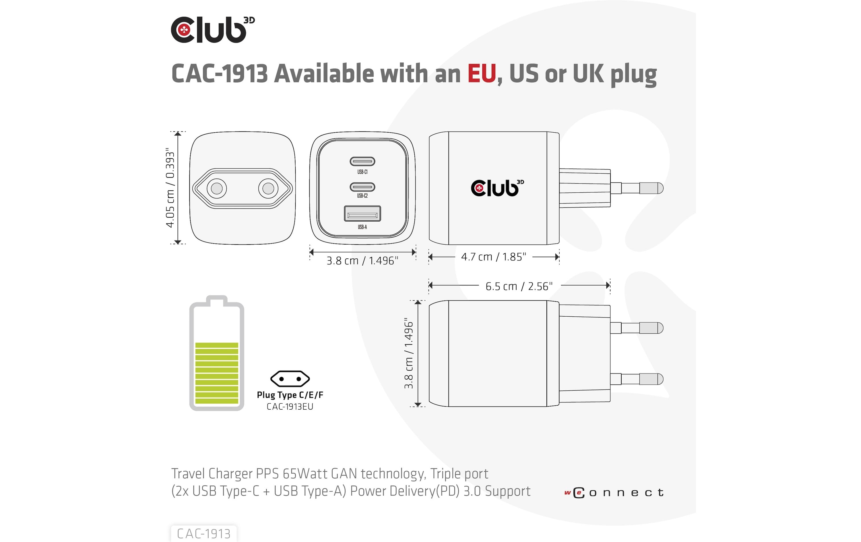 Club 3D USB-Wandladegerät PPS 65Watt GAN-Technologie CAC-1913