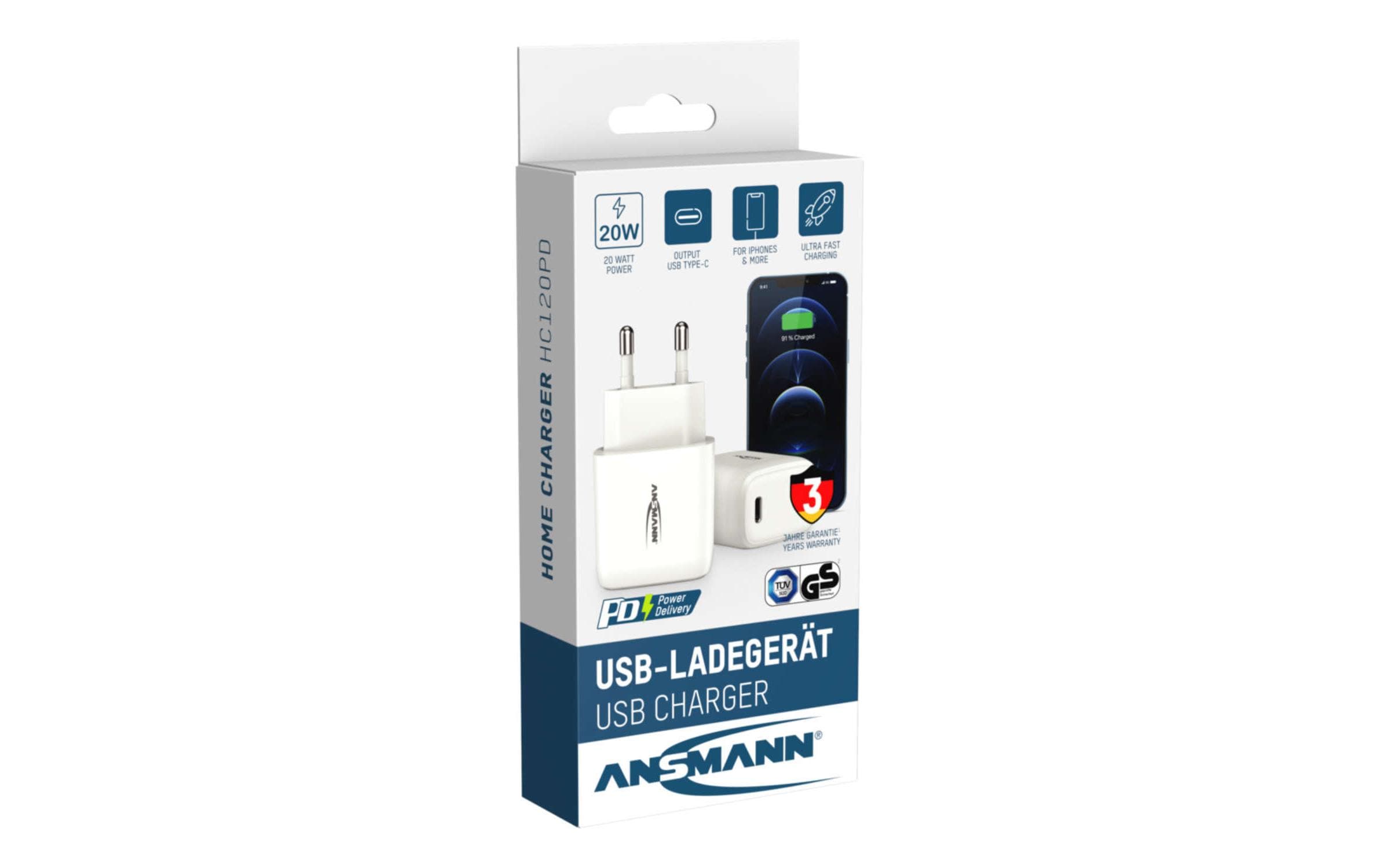 Ansmann USB-Wandladegerät Home Charger HC120PD, 20 W, Weiss