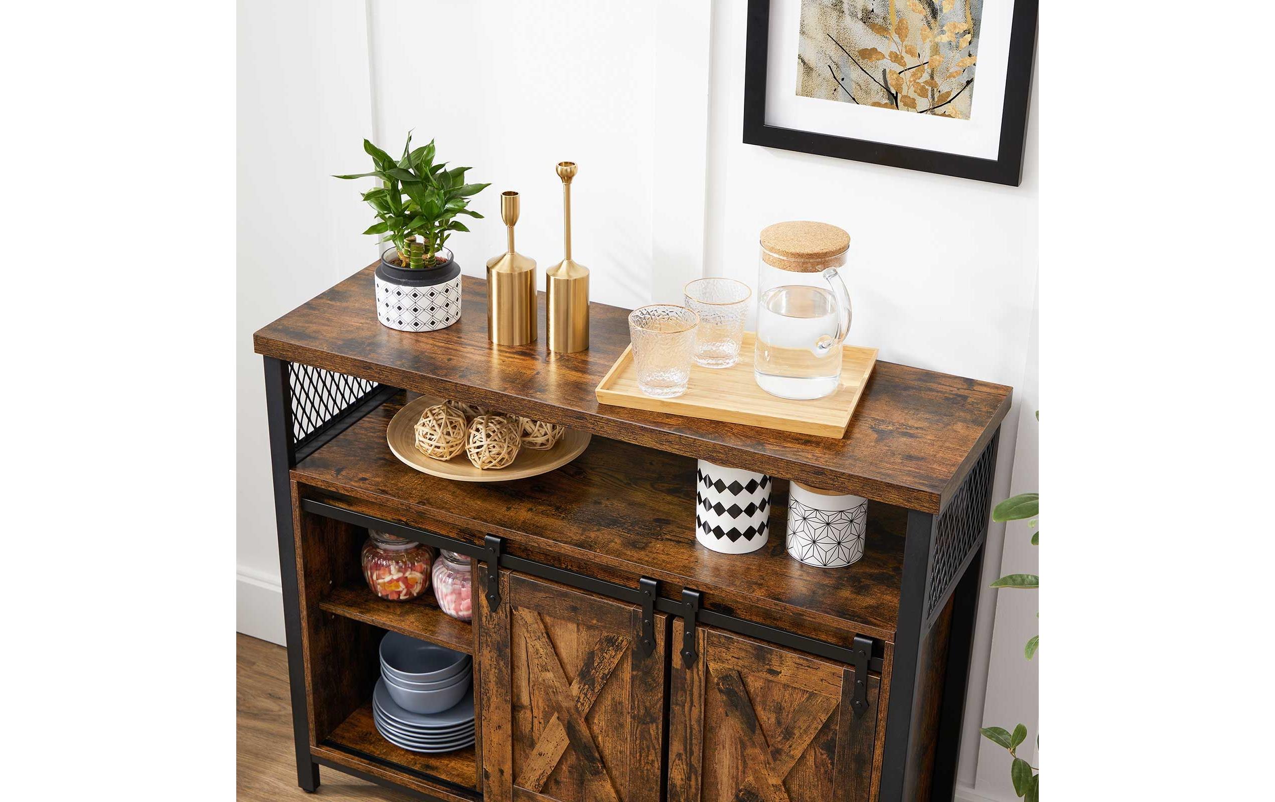 VASAGLE Sideboard mit 2 Schiebetüren 100 x 80 cm, Braun/Schwarz