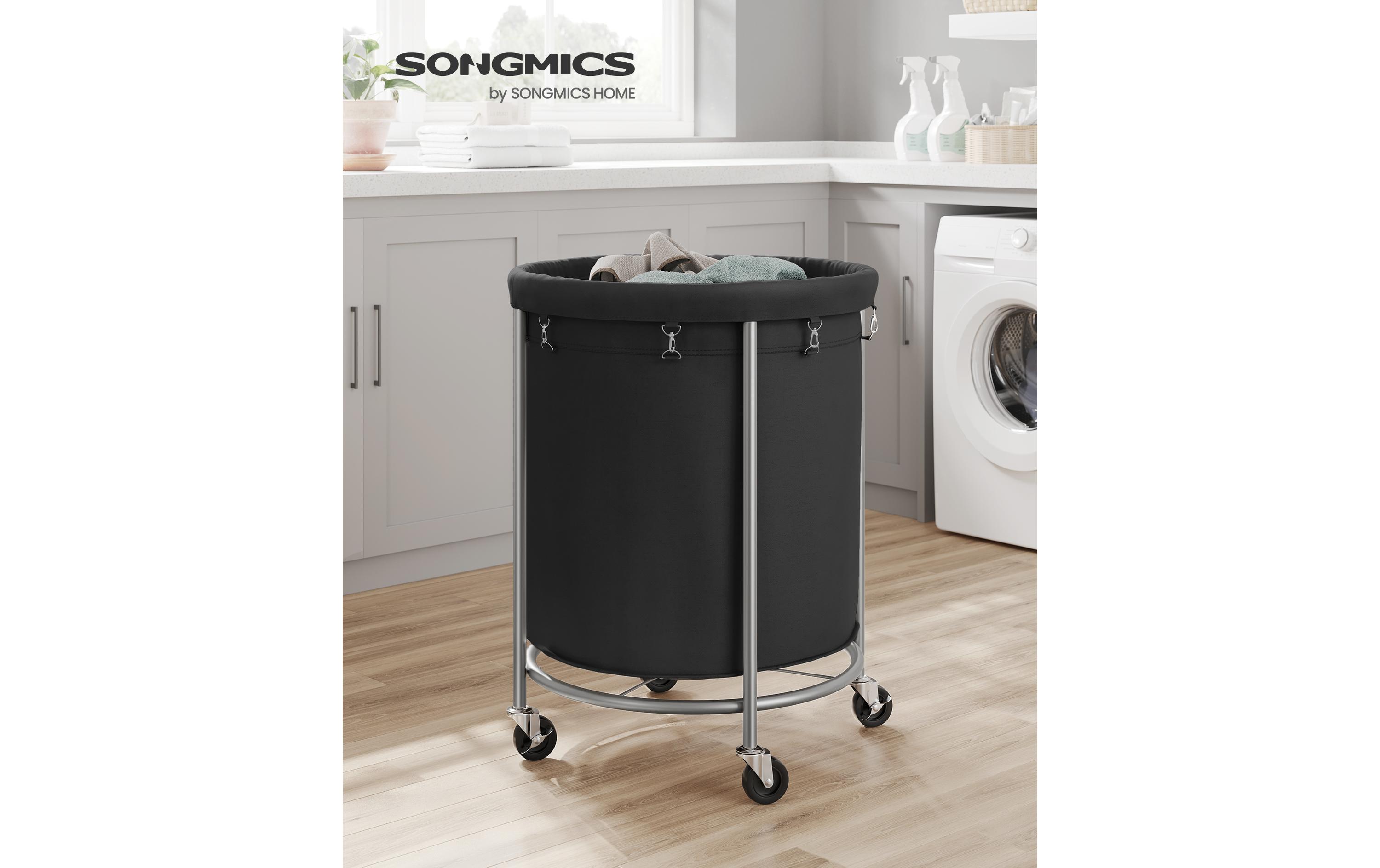 Songmics Wäschekorb auf Rollen 48 l, Schwarz/Silber