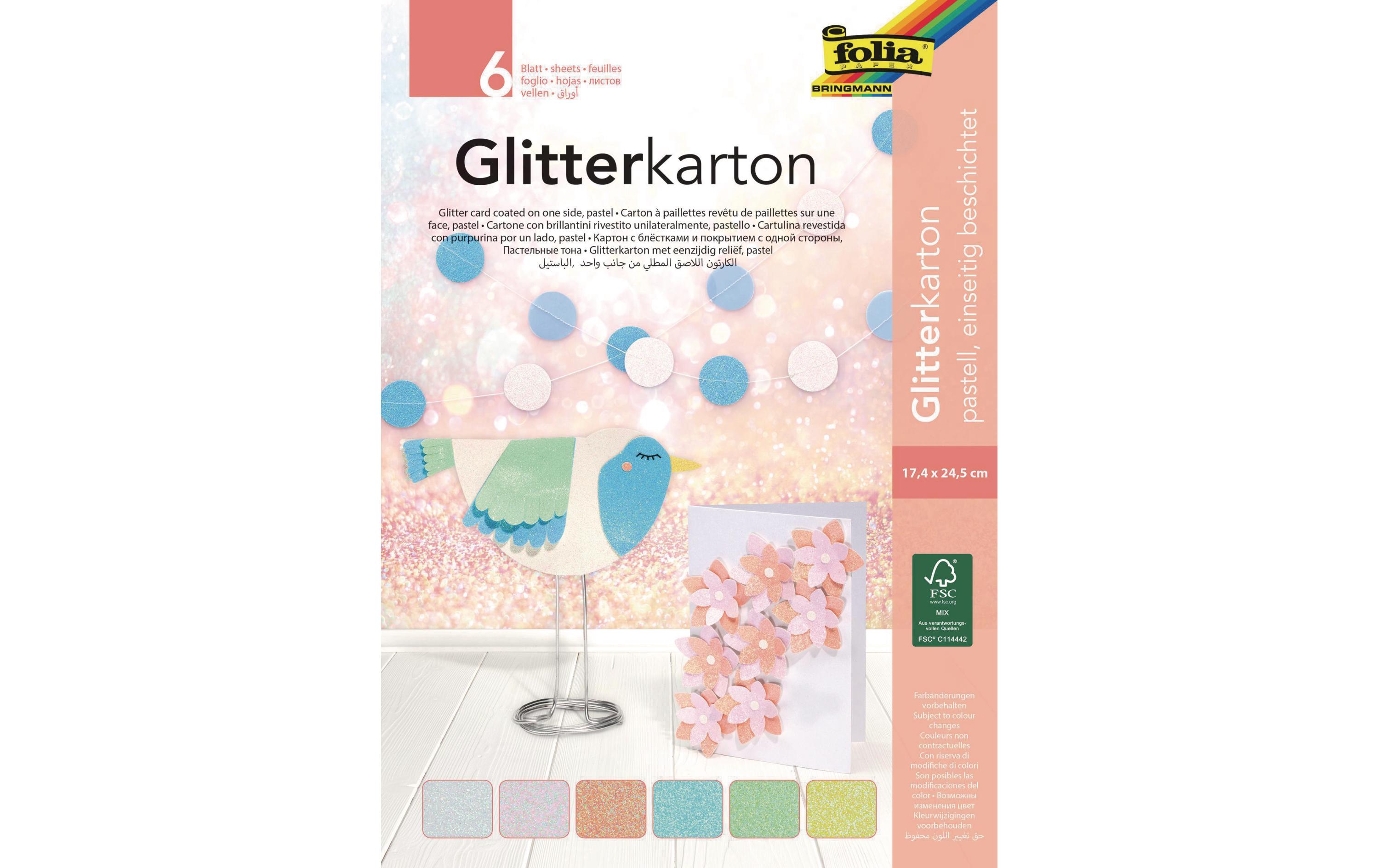 Folia Glitzerkarton Pastell 17.4 x 24.5 cm, 300 g/m², 6 Blatt