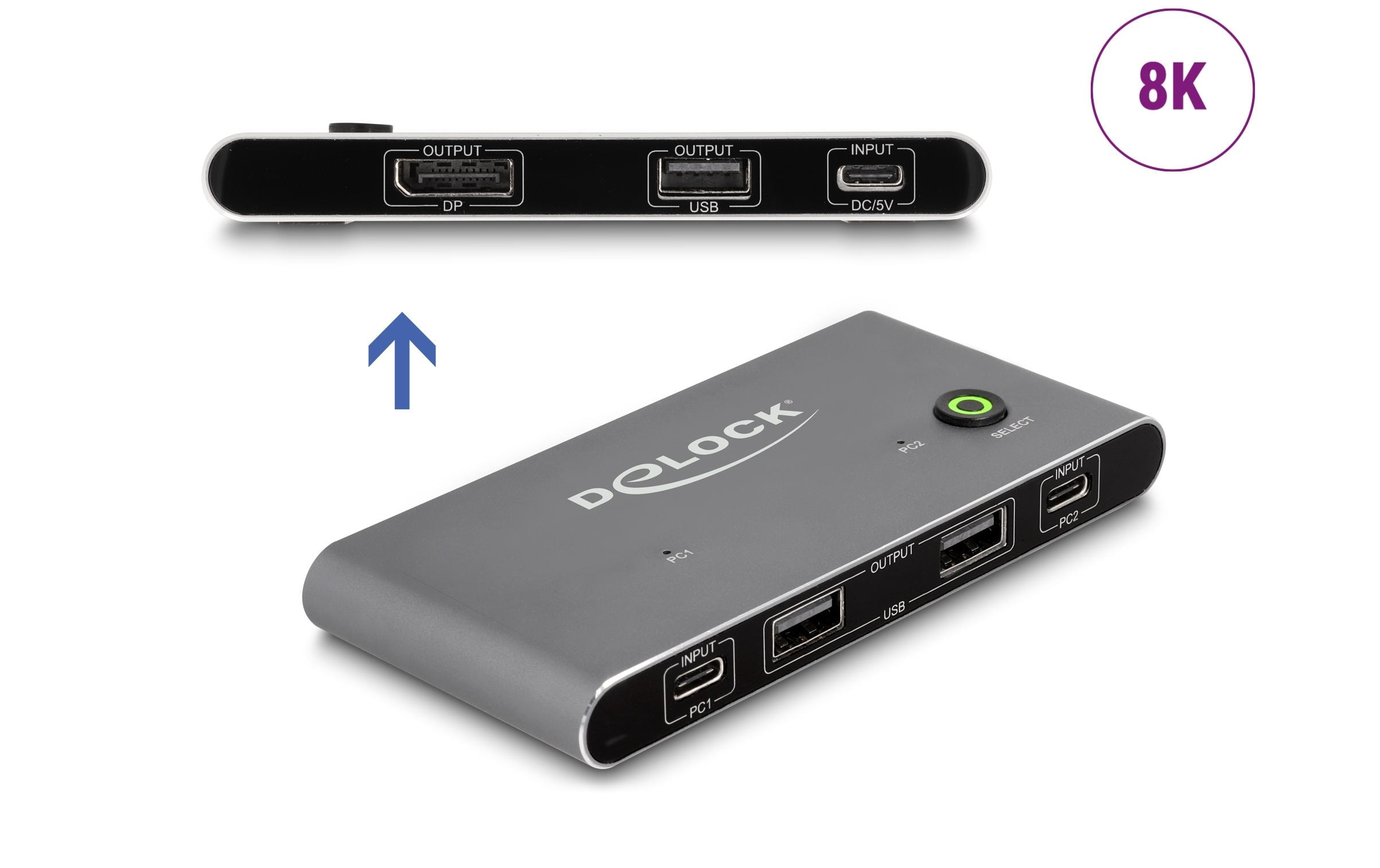 Delock KVM Switch USB-C zu DisplayPort 8K 30 Hz mit USB 2.0