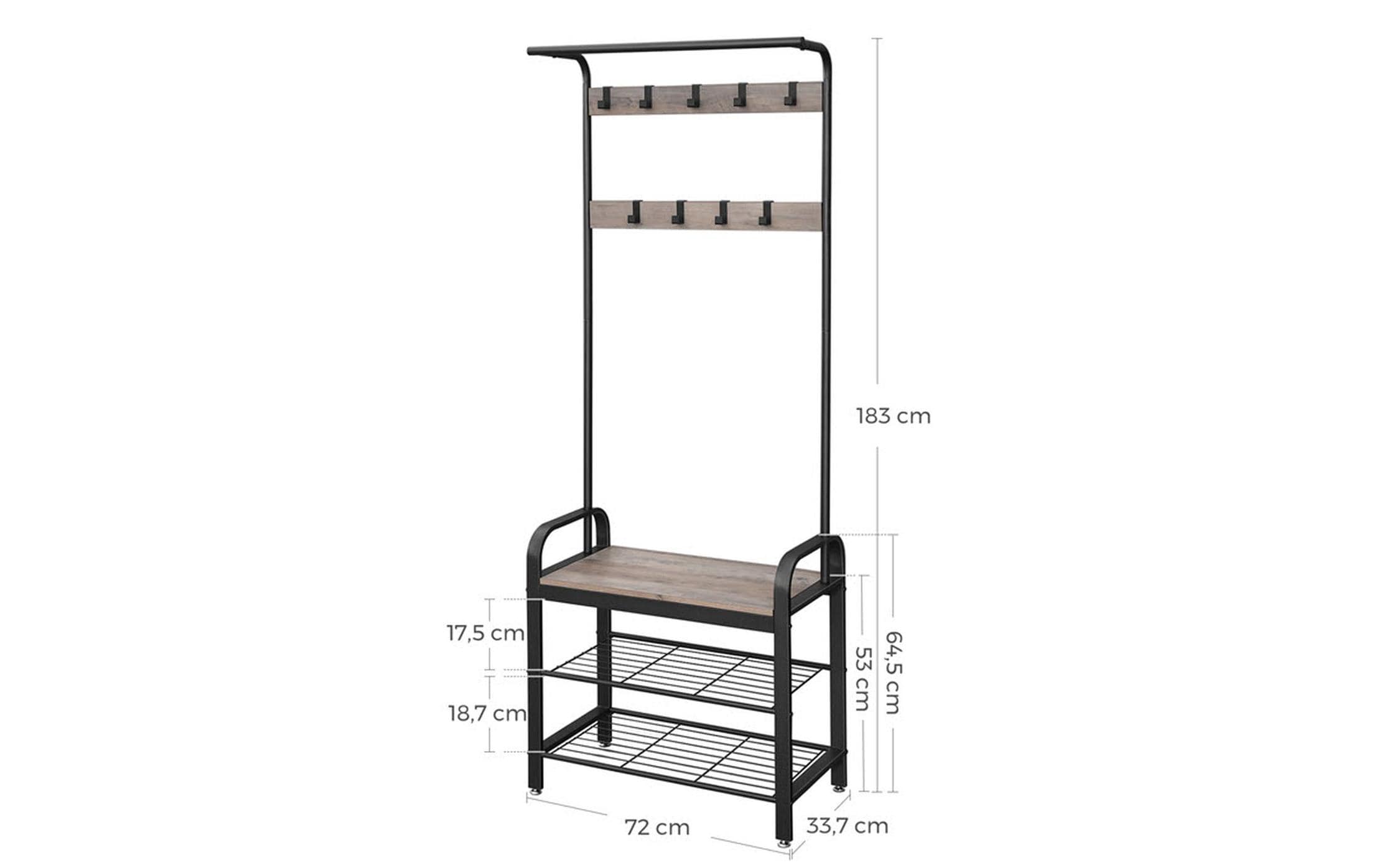 VASAGLE Garderobenständer mit Schuhablage 183 cm, Grau/Schwarz