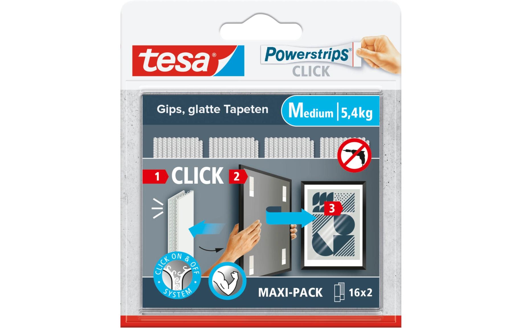 tesa Montagestreifen Powerstrips CLICK Medium 16 Paar, 5.4 kg