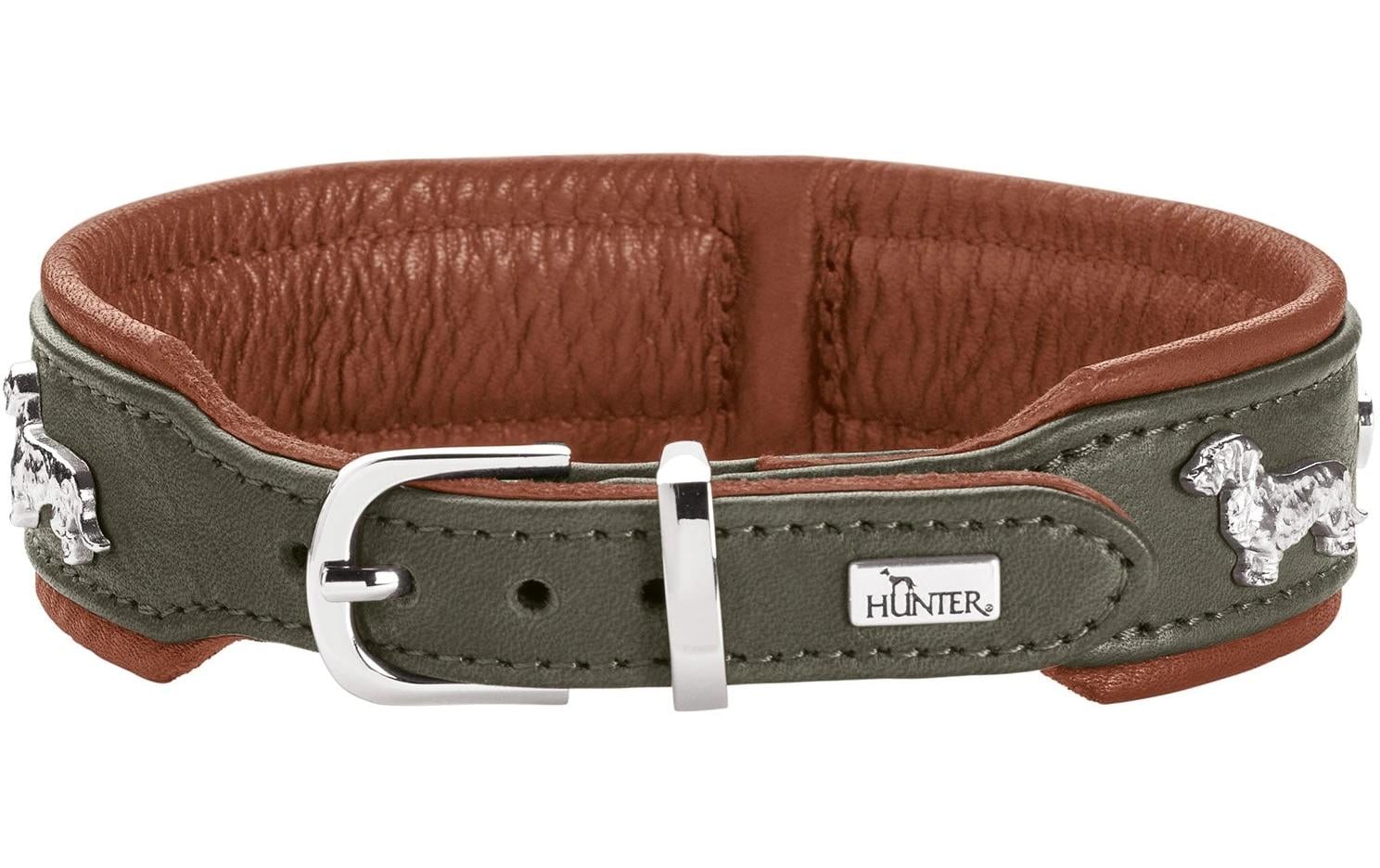 Hunter Teckel-Halsband München 37/XS-S, Rindsleder, Grün/Cognac