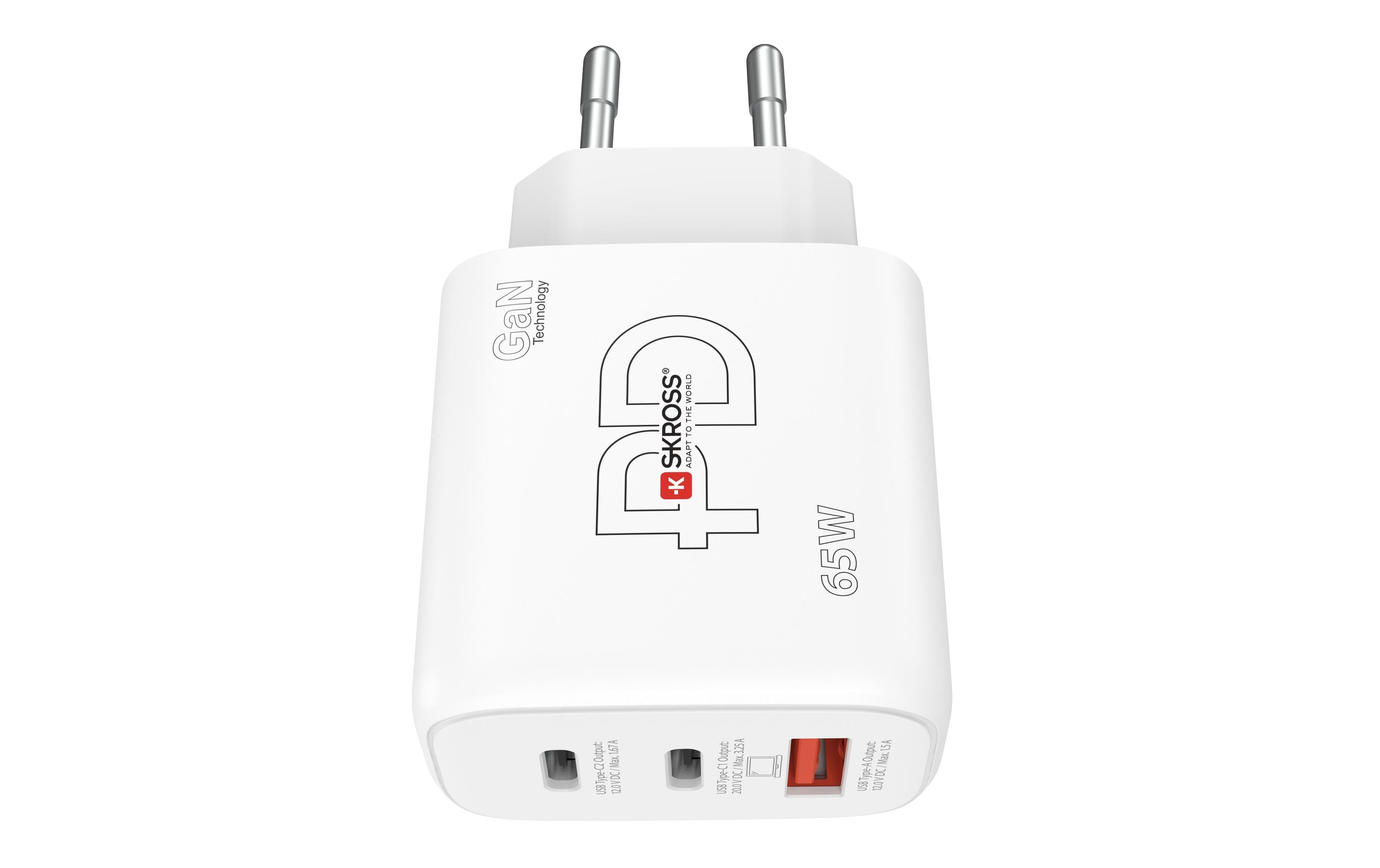 SKROSS USB-Wandladegerät GaN EU, 2x USB-C, 1x USB-A, 65 W, Weiss