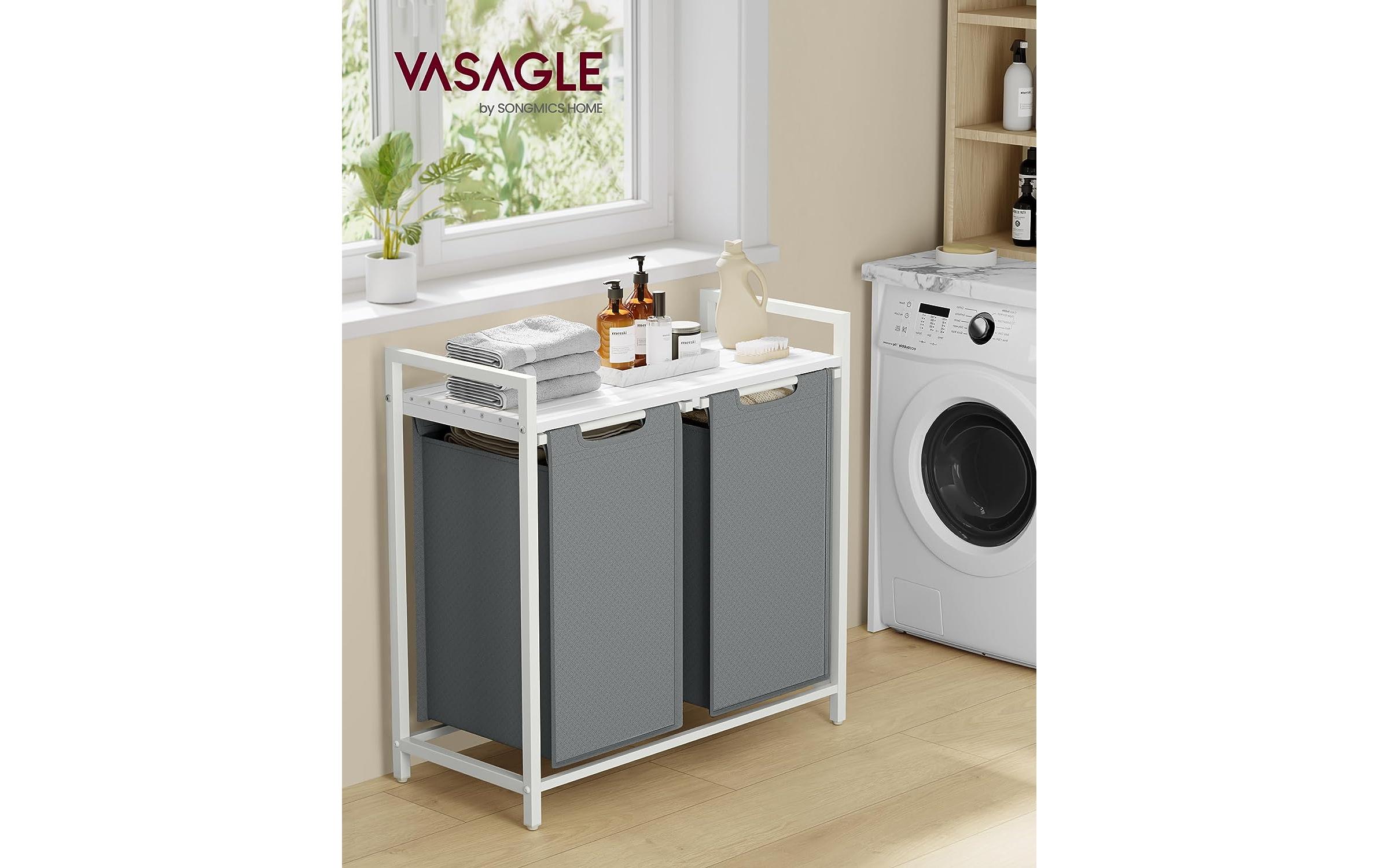 VASAGLE Wäschekorb mit Ablage 2 x 46 l, Grau/Weiss