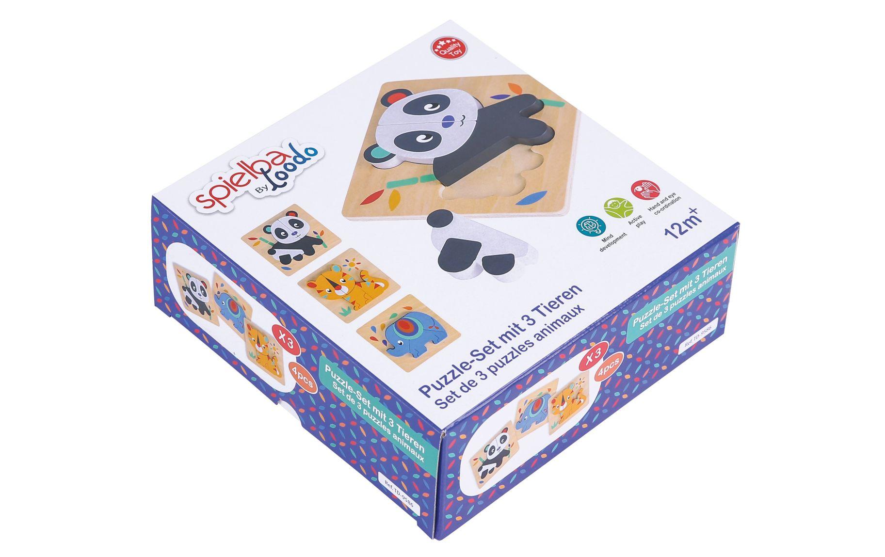 Spielba Holzspielwaren Puzzle-Set mit Panda, Elefant, Giraffe