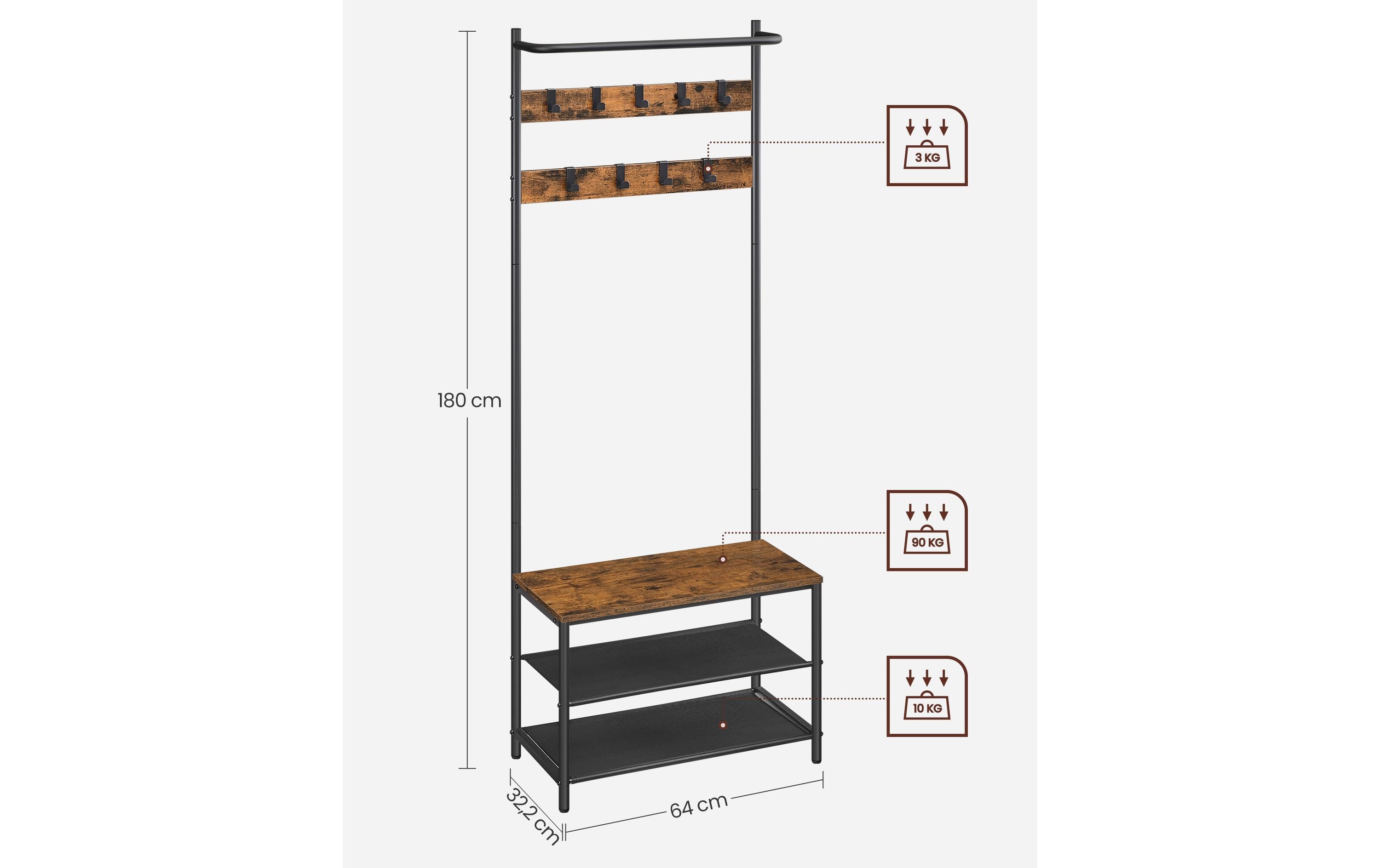 VASAGLE Garderobe 32.2 x 64 x 180 cm, Braun/Schwarz