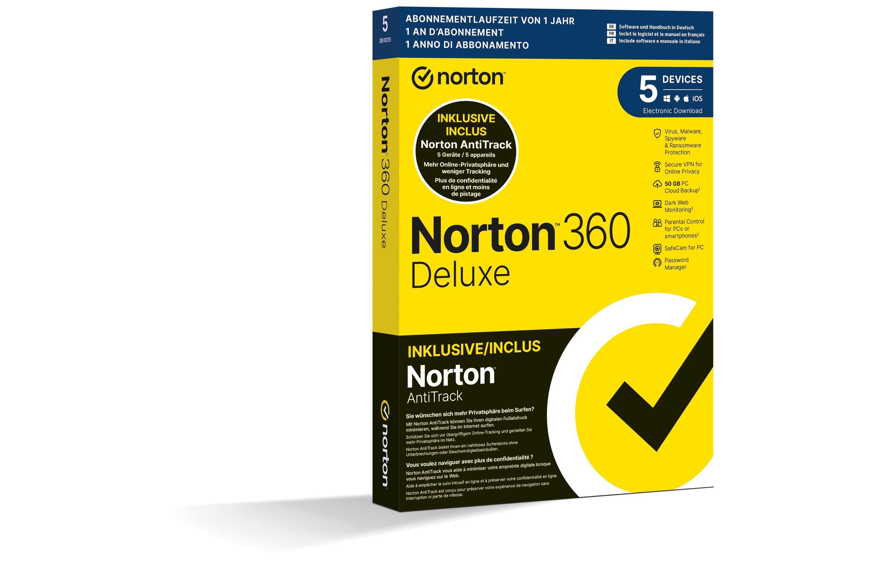 Norton 360 Deluxe + AntiTrack Bundle Box, 5 Dev., 1yr, 50GB Cloud
