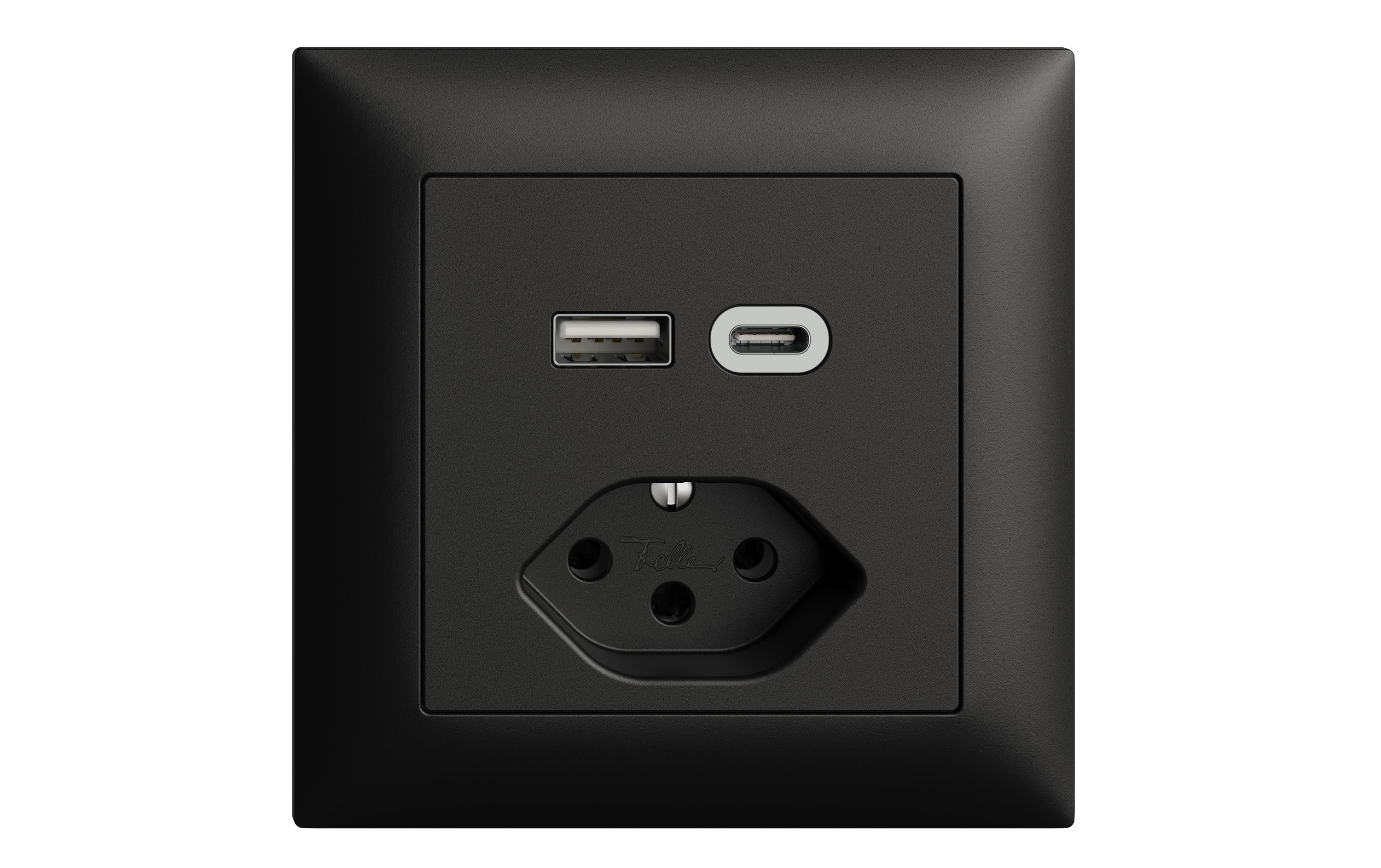 Feller EDIZIOdue Steckdose 1x USB A, 1x USB C 3 A, 15 W, Schwarz