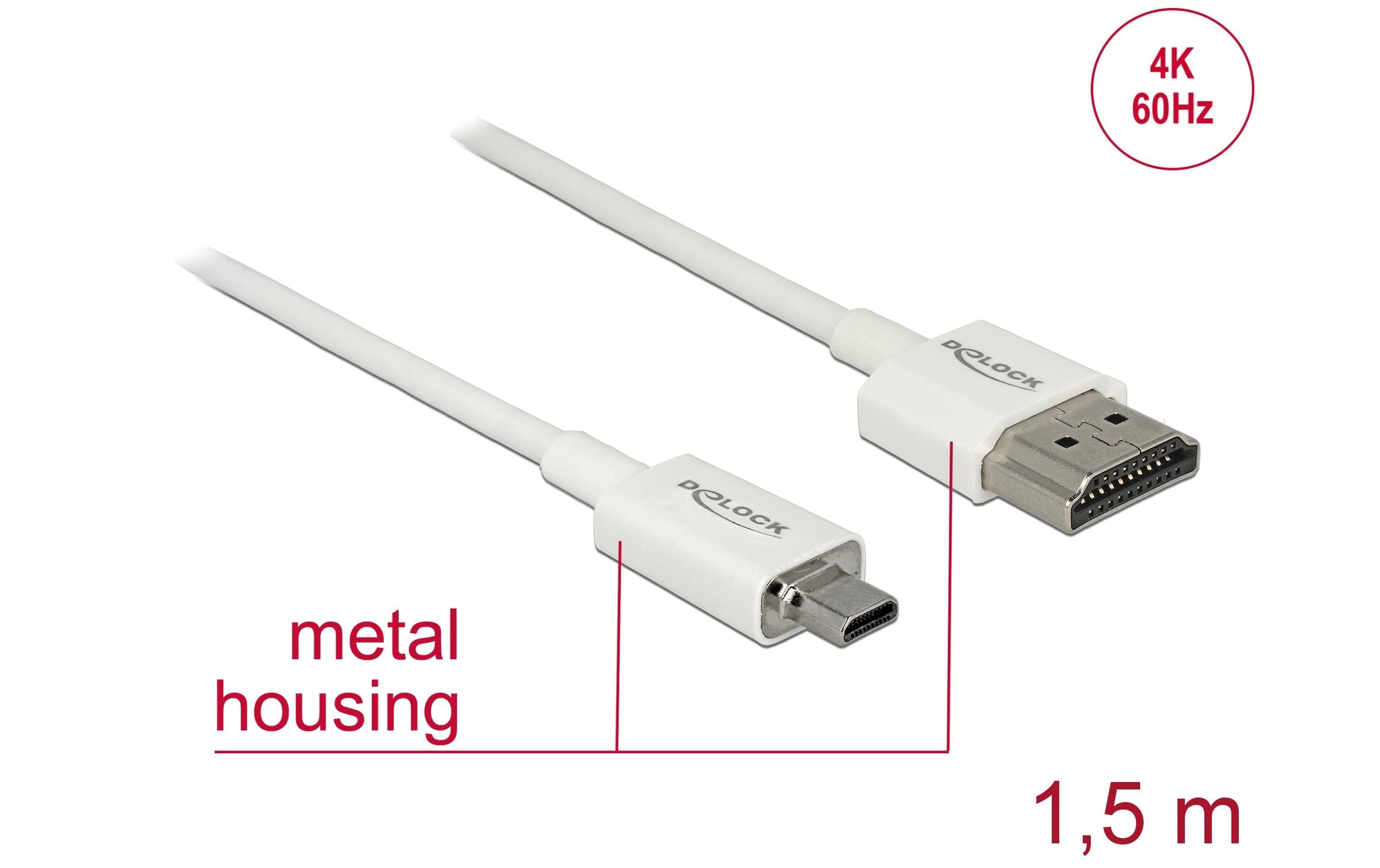 Delock Kabel 4K 60Hz HDMI - Micro-HDMI (HDMI-D), 1.5 m, Weiss