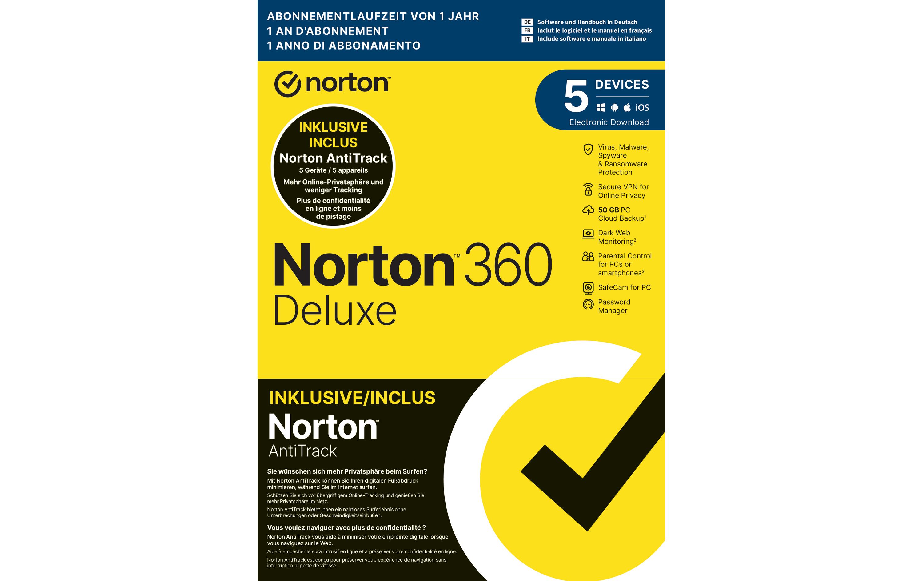 Norton 360 Deluxe + AntiTrack Bundle Box, 5 Dev., 1yr, 50GB Cloud