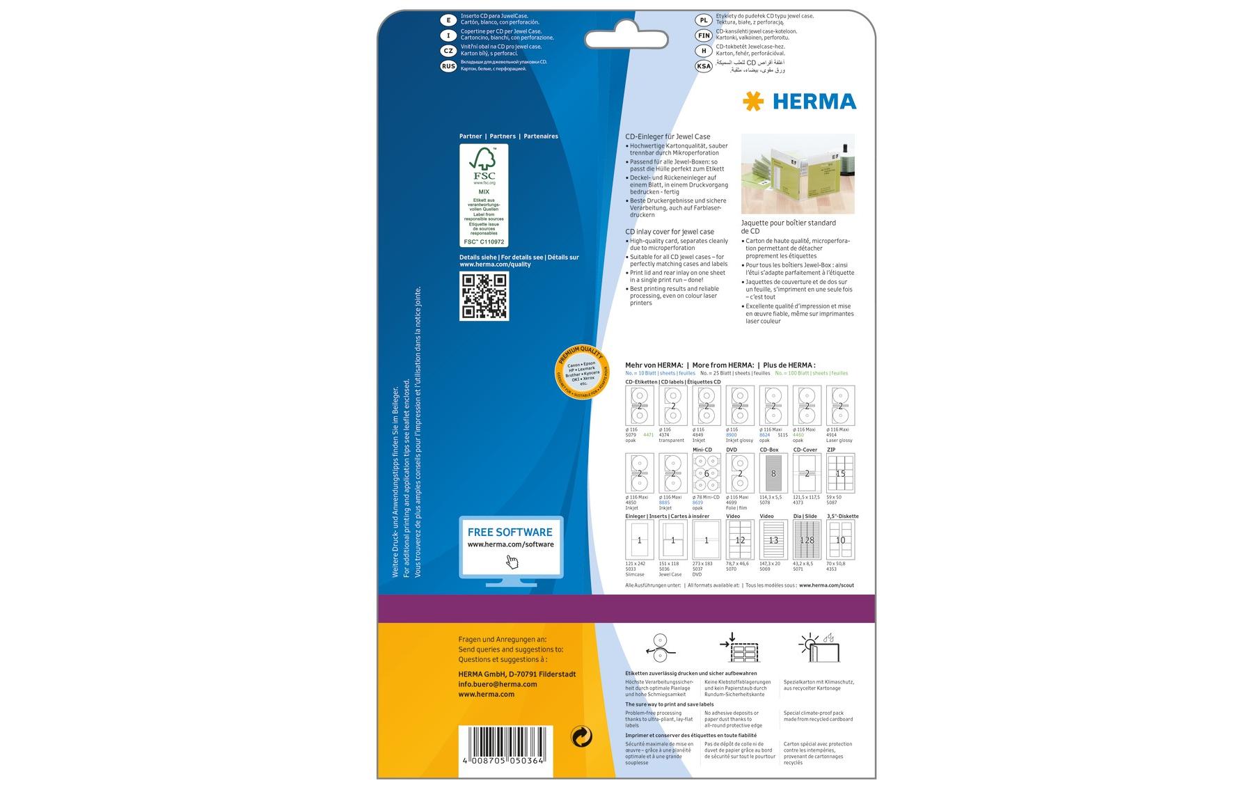 HERMA CD-Einleger 5036 Weiss, 25 Etiketten